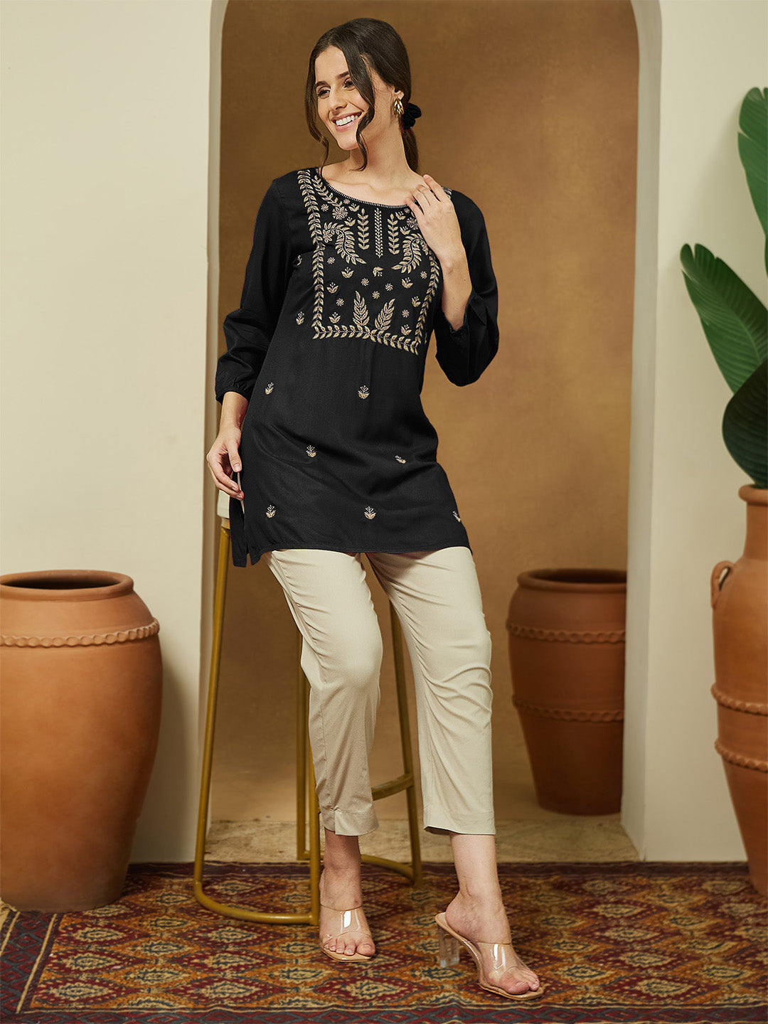 Ninnique Women's Black Rayon Embroidered Straight Short Kurti