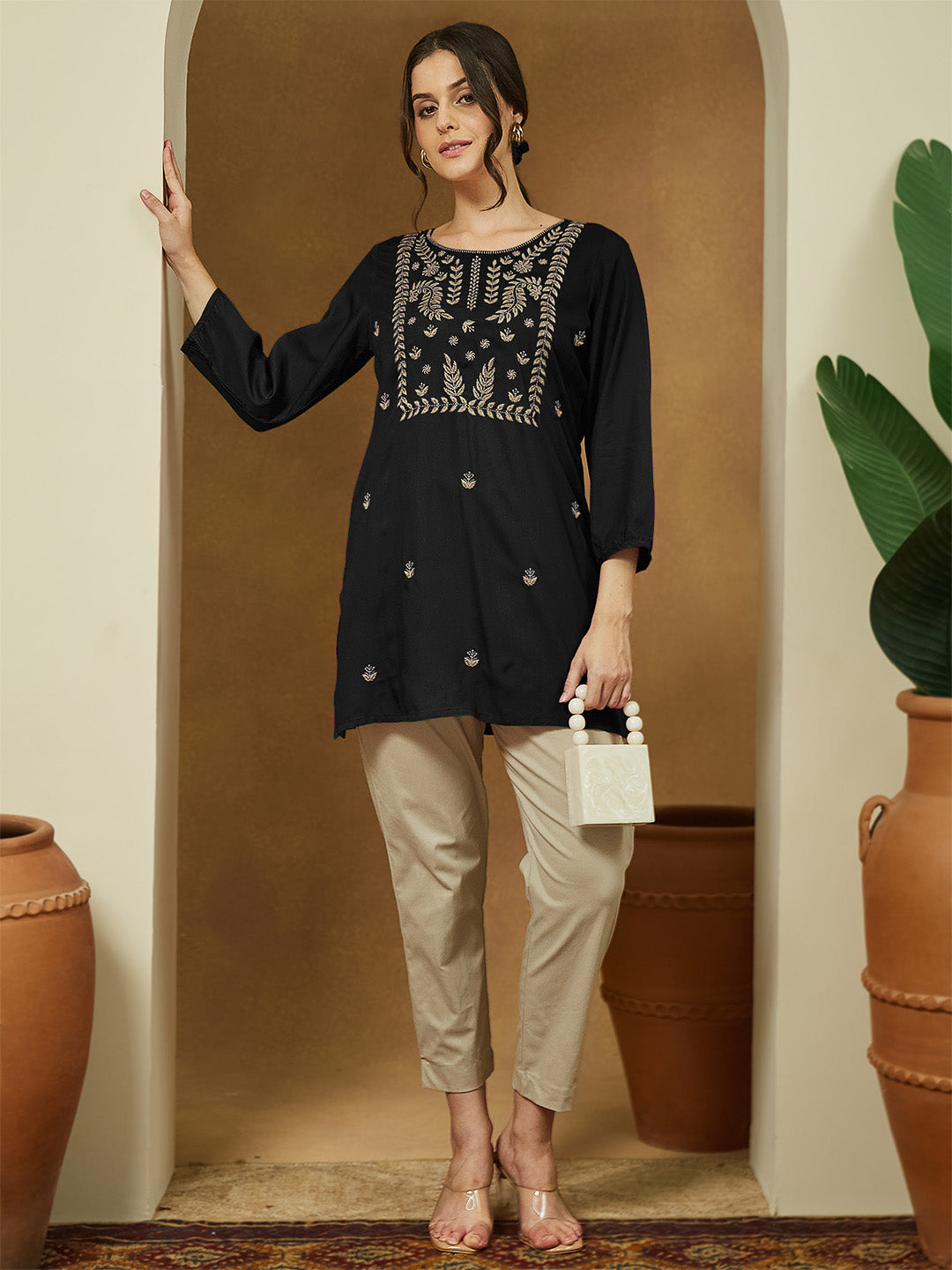 Ninnique Women's Black Rayon Embroidered Straight Short Kurti