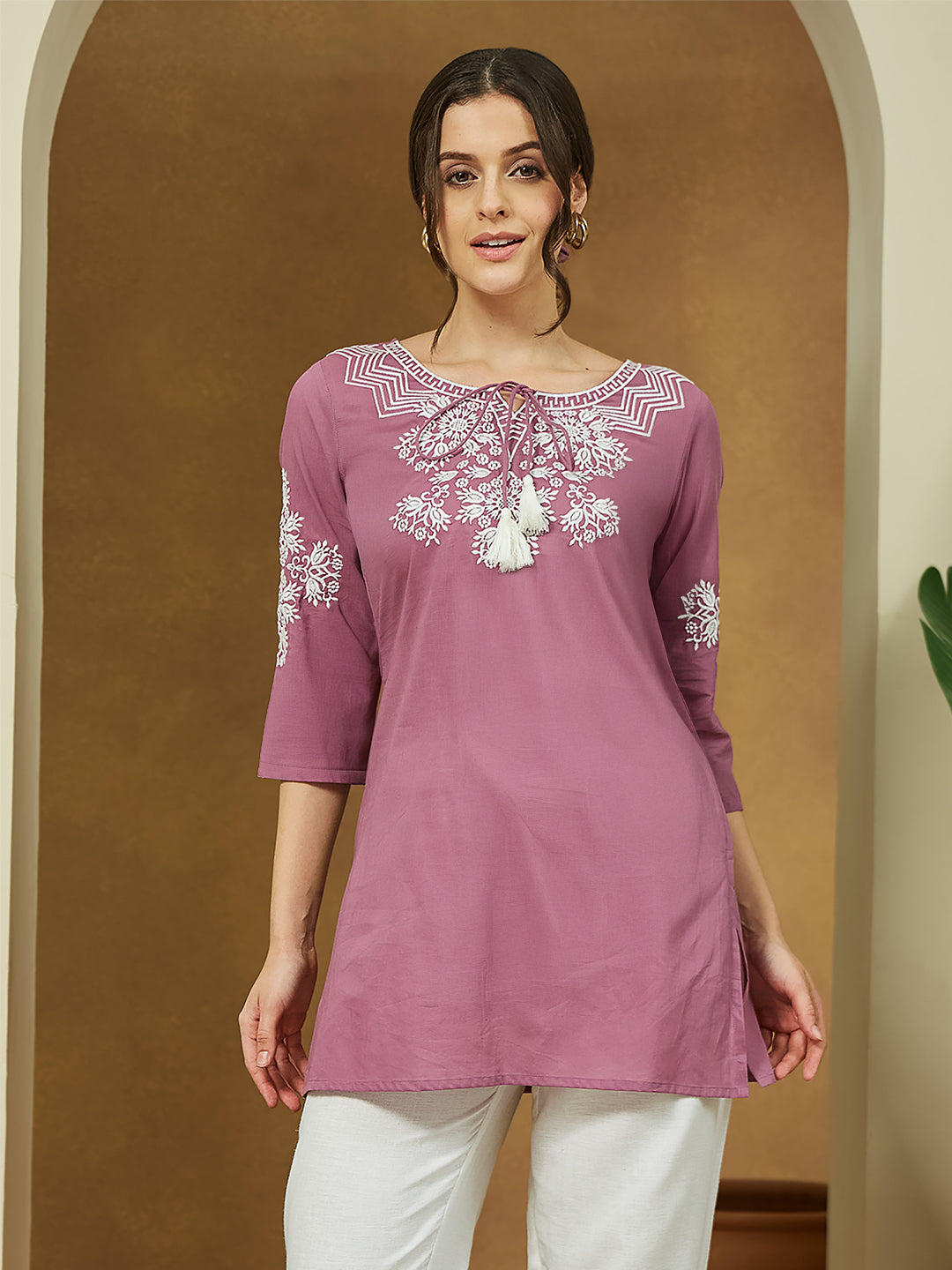 Ninnique Women's Purple Pure Cotton Embroidered Straight Tunic