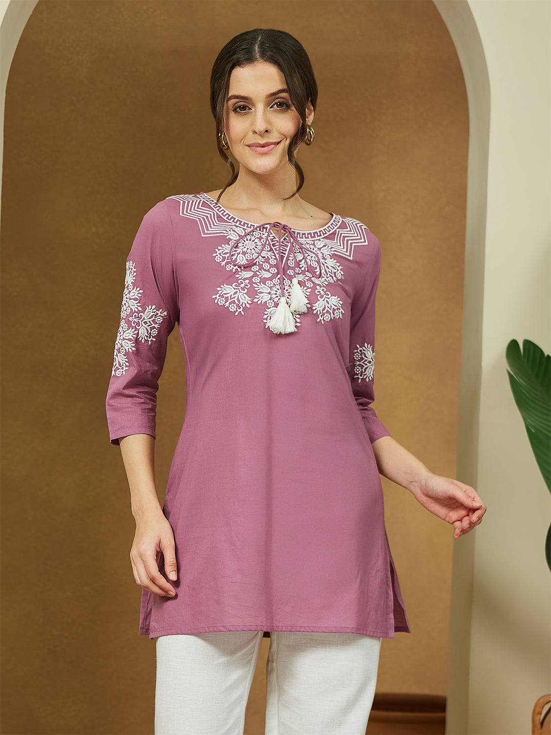 Ninnique Women's Purple Pure Cotton Embroidered Straight Tunic