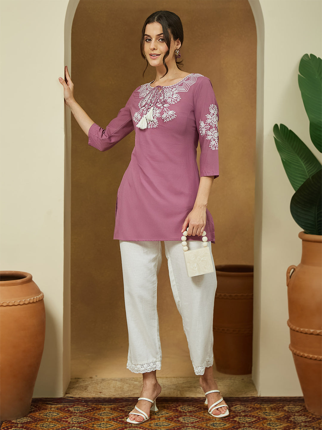 Ninnique Women's Purple Pure Cotton Embroidered Straight Tunic