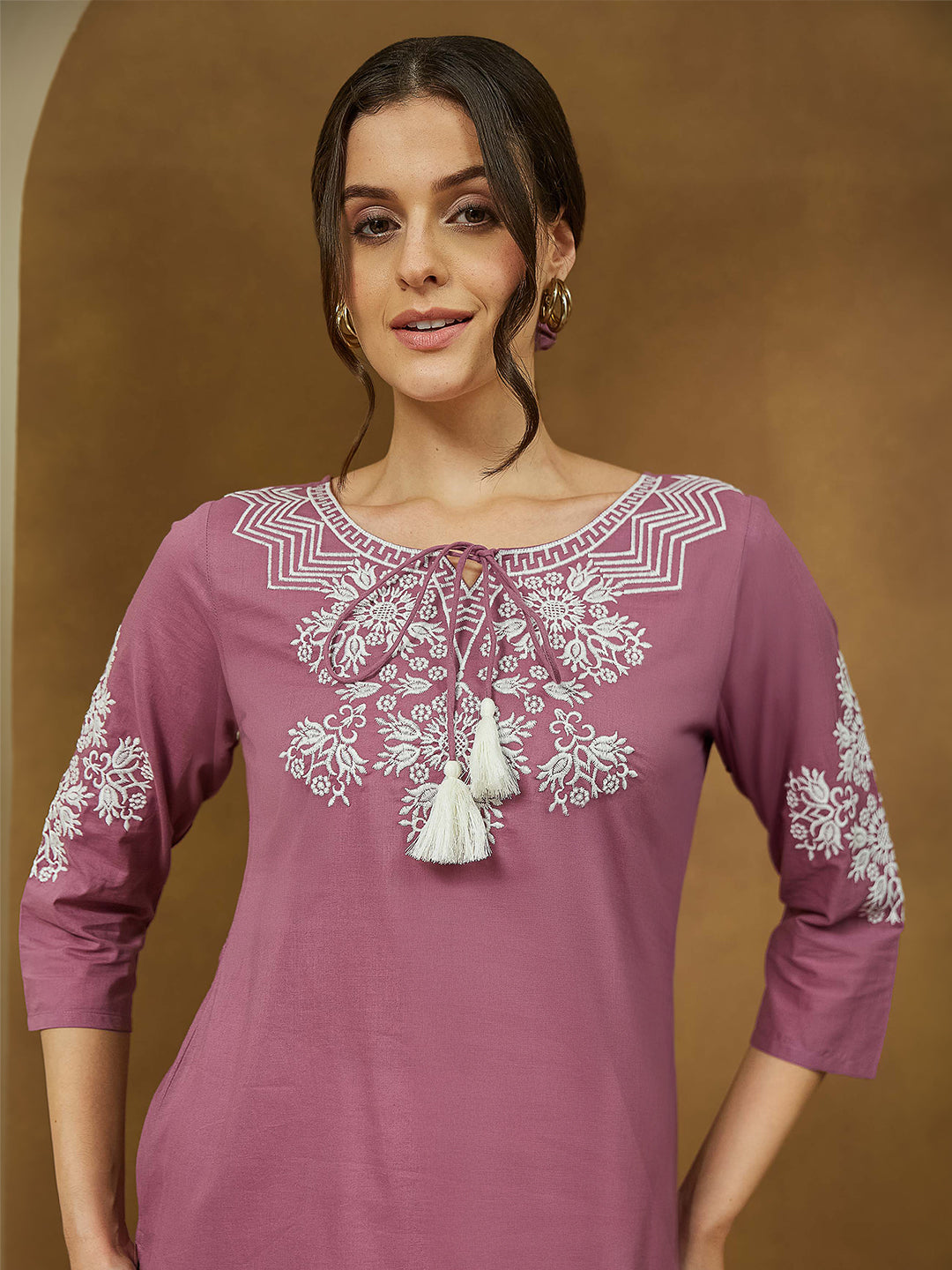Ninnique Women's Purple Pure Cotton Embroidered Straight Tunic