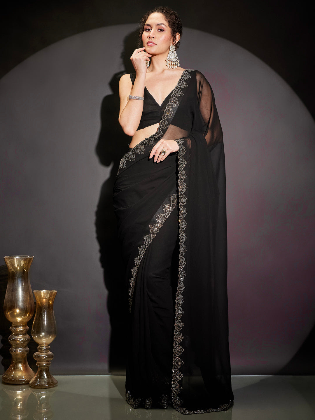 Ninnique Women's Black Georgette Ready To Wear Embellished Saree with Unstitched Blouse