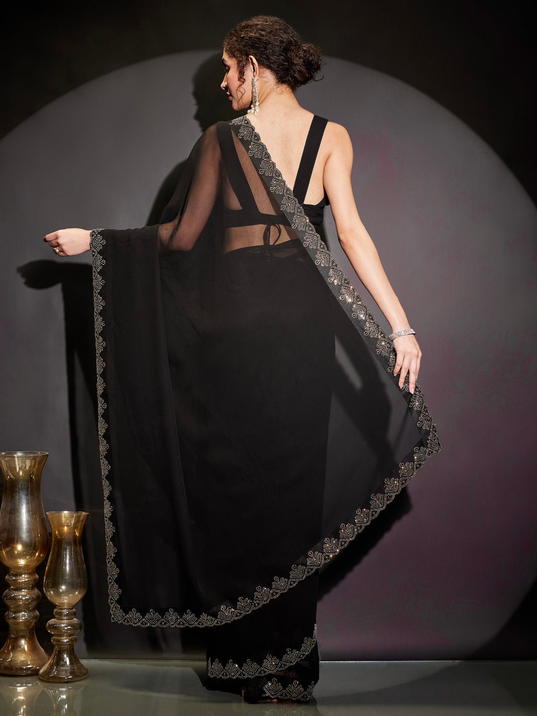 Ninnique Women's Black Georgette Ready To Wear Embellished Saree with Unstitched Blouse