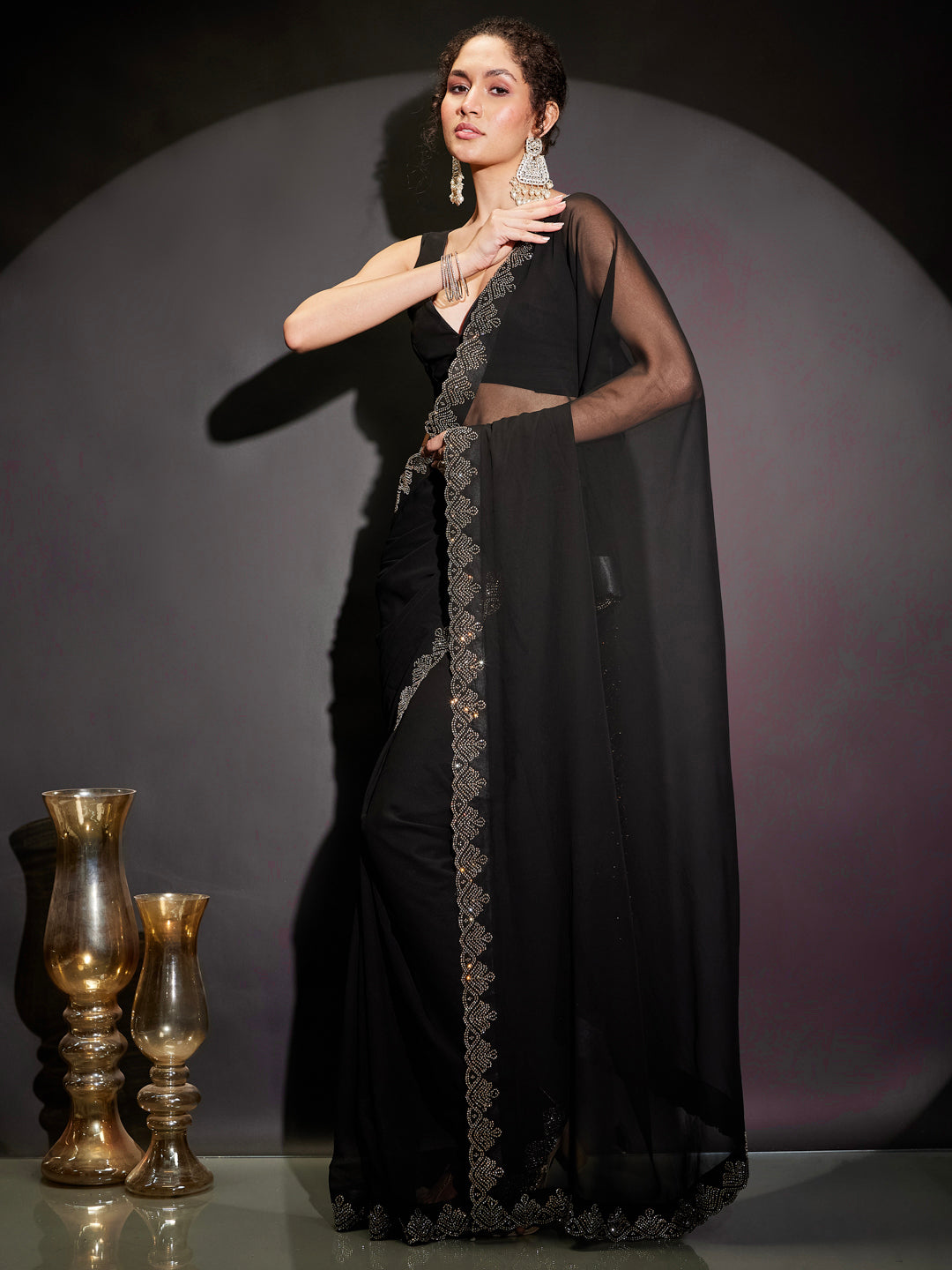 Ninnique Women's Black Georgette Ready To Wear Embellished Saree with Unstitched Blouse