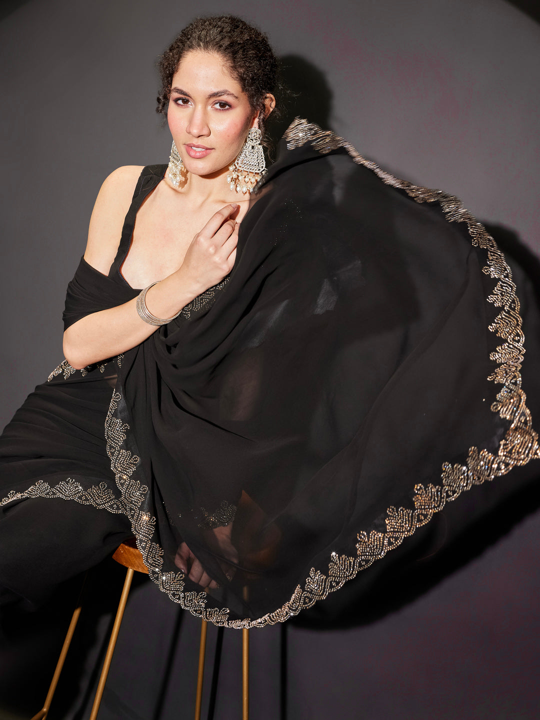 Ninnique Women's Black Georgette Ready To Wear Embellished Saree with Unstitched Blouse