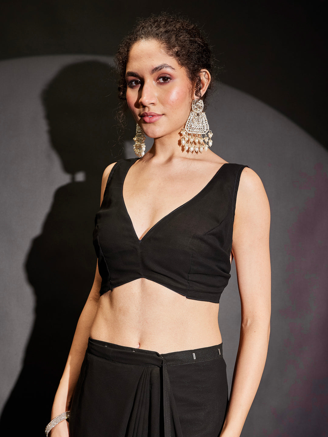 Ninnique Women's Black Georgette Ready To Wear Embellished Saree with Unstitched Blouse
