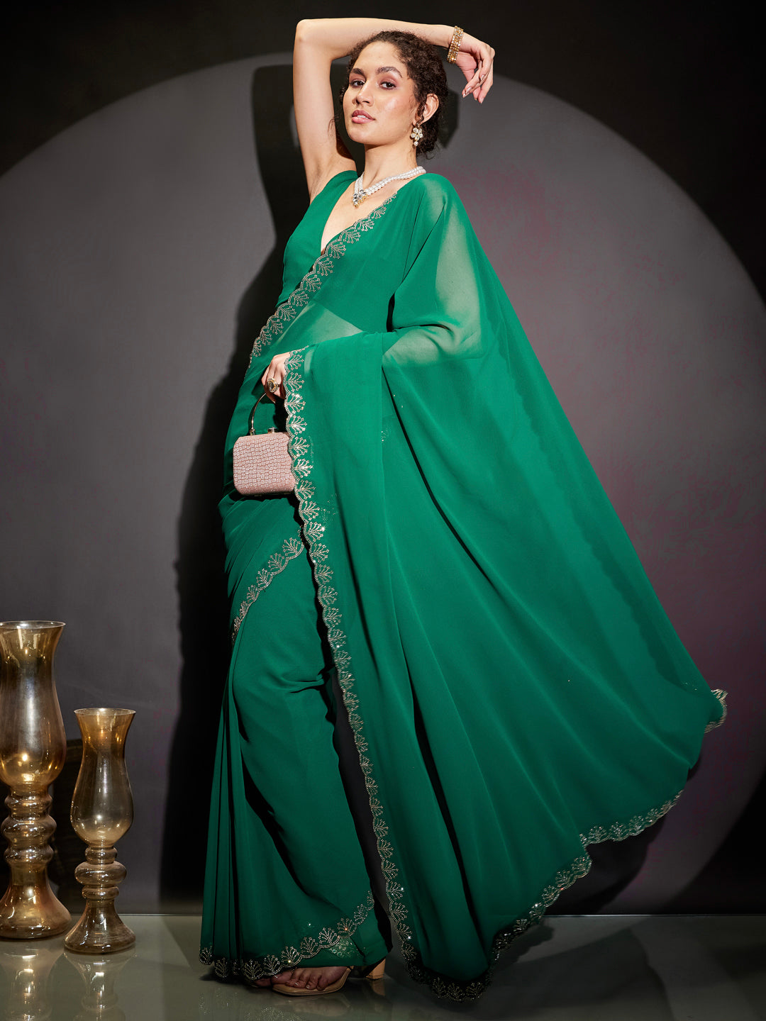 Ninnique Women's Green Georgette Ready To Wear Embellished Saree with Unstitched Blouse