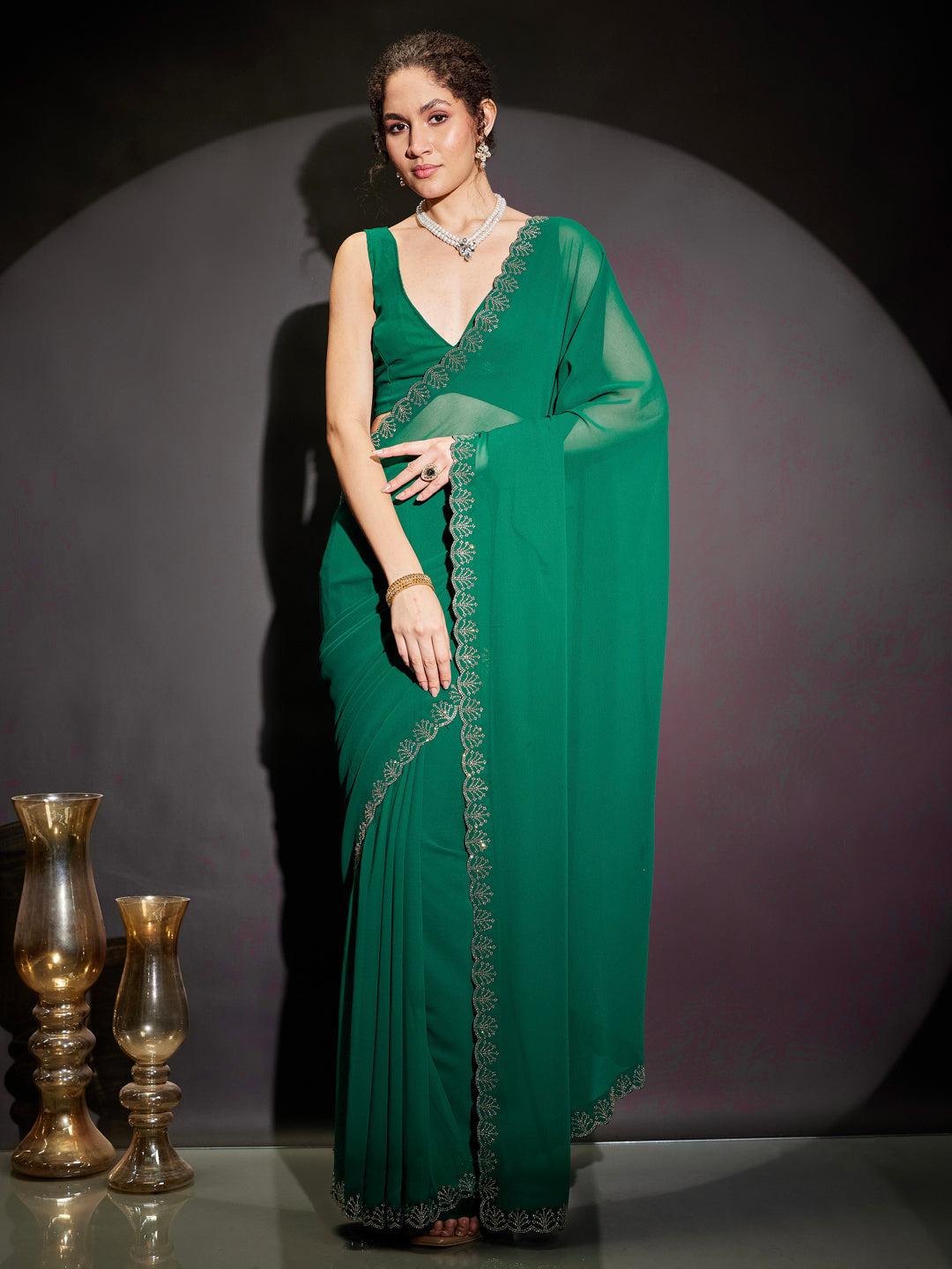 Ninnique Women's Green Georgette Ready To Wear Embellished Saree with Unstitched Blouse