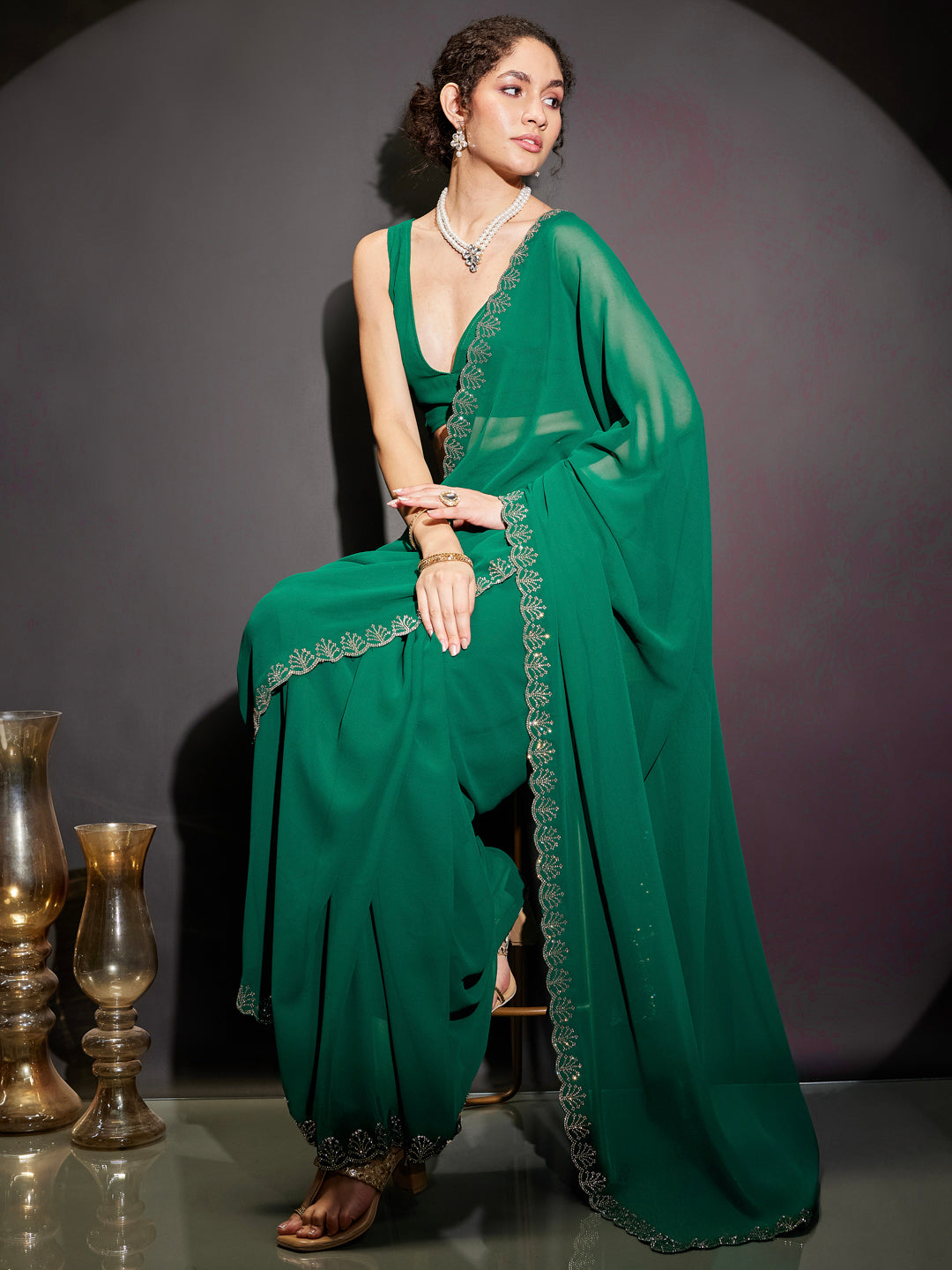 Ninnique Women's Green Georgette Ready To Wear Embellished Saree with Unstitched Blouse