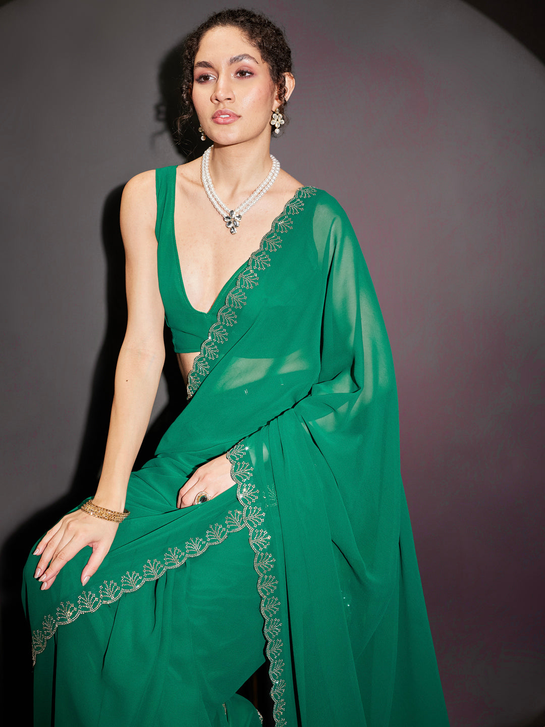 Ninnique Women's Green Georgette Ready To Wear Embellished Saree with Unstitched Blouse