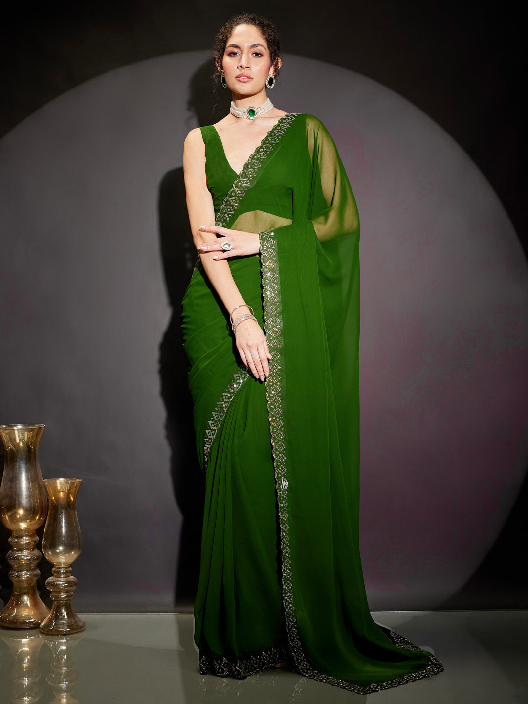 Ninnique Women's Dark Green Georgette Ready To Wear Embellished Saree with Unstitched Blouse