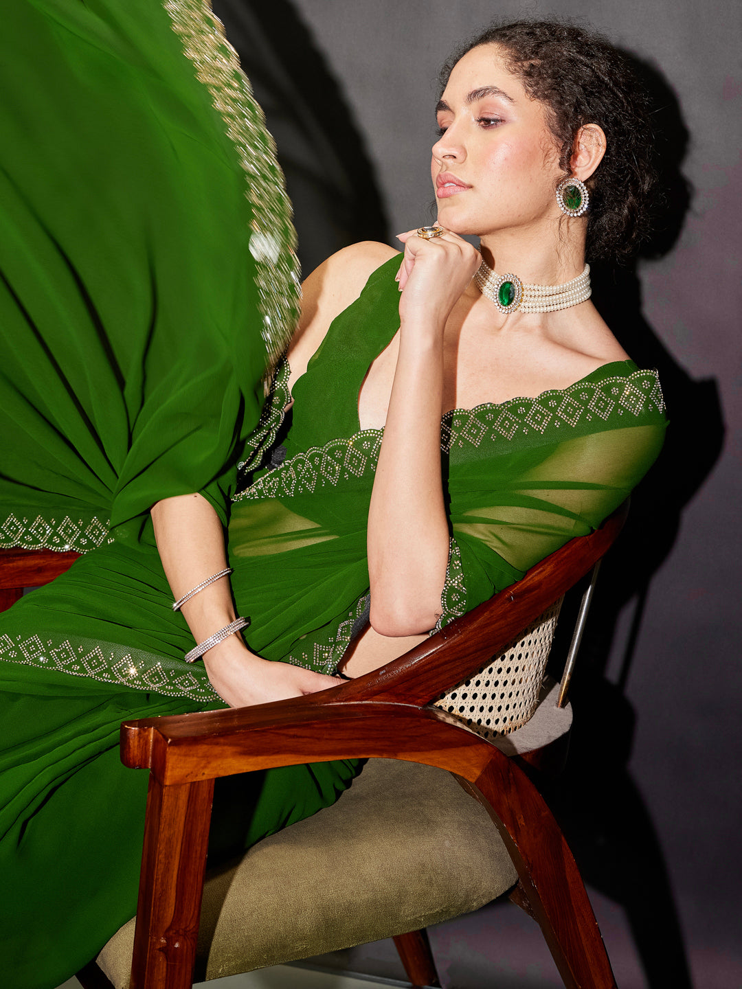 Ninnique Women's Dark Green Georgette Ready To Wear Embellished Saree with Unstitched Blouse