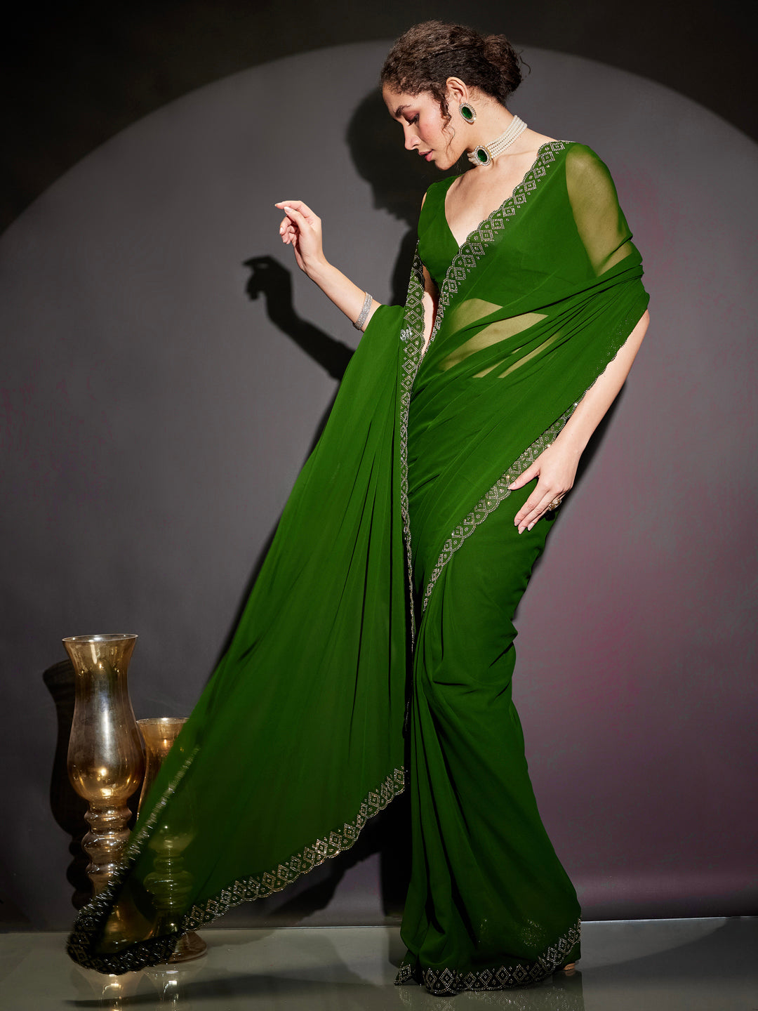 Ninnique Women's Dark Green Georgette Ready To Wear Embellished Saree with Unstitched Blouse