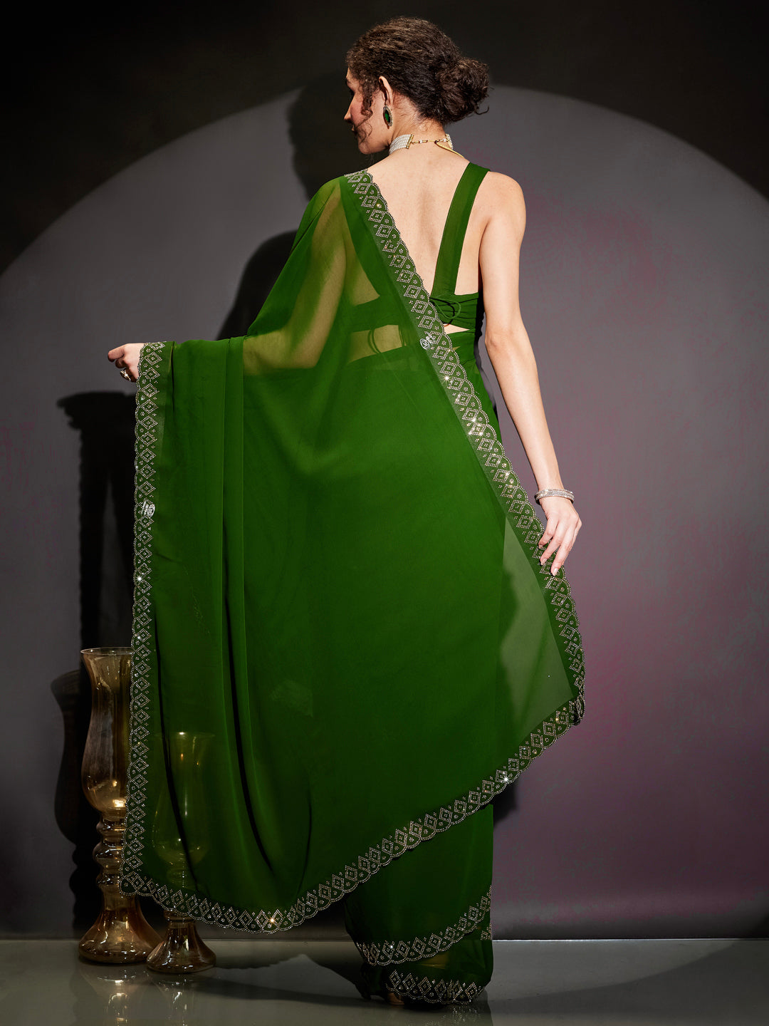 Ninnique Women's Dark Green Georgette Ready To Wear Embellished Saree with Unstitched Blouse
