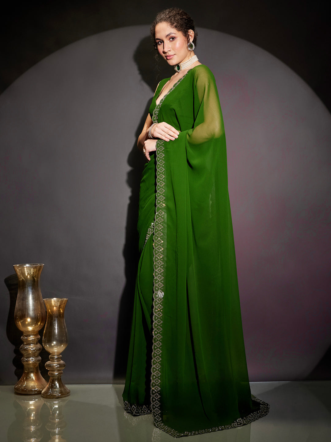 Ninnique Women's Dark Green Georgette Ready To Wear Embellished Saree with Unstitched Blouse