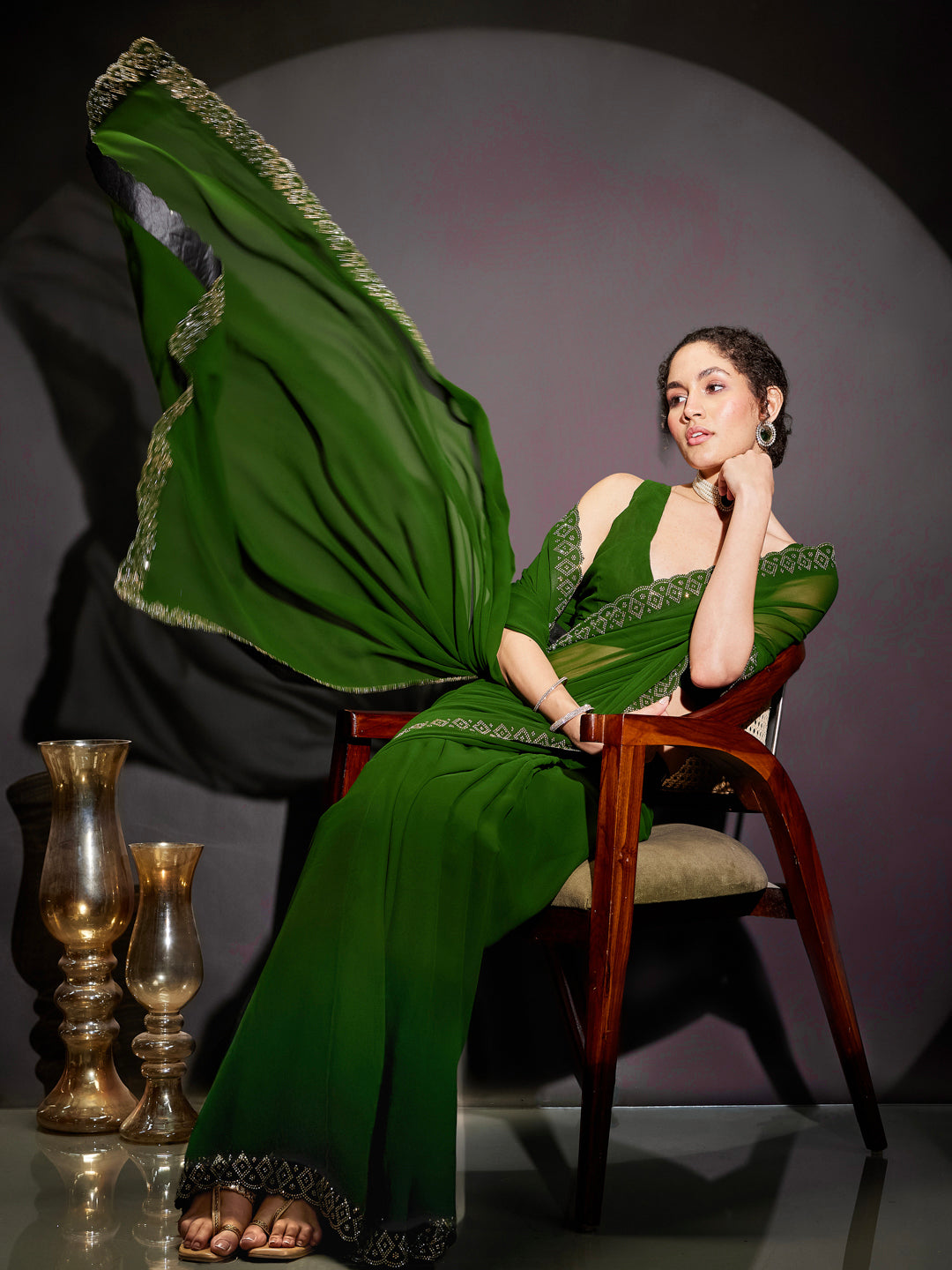 Ninnique Women's Dark Green Georgette Ready To Wear Embellished Saree with Unstitched Blouse