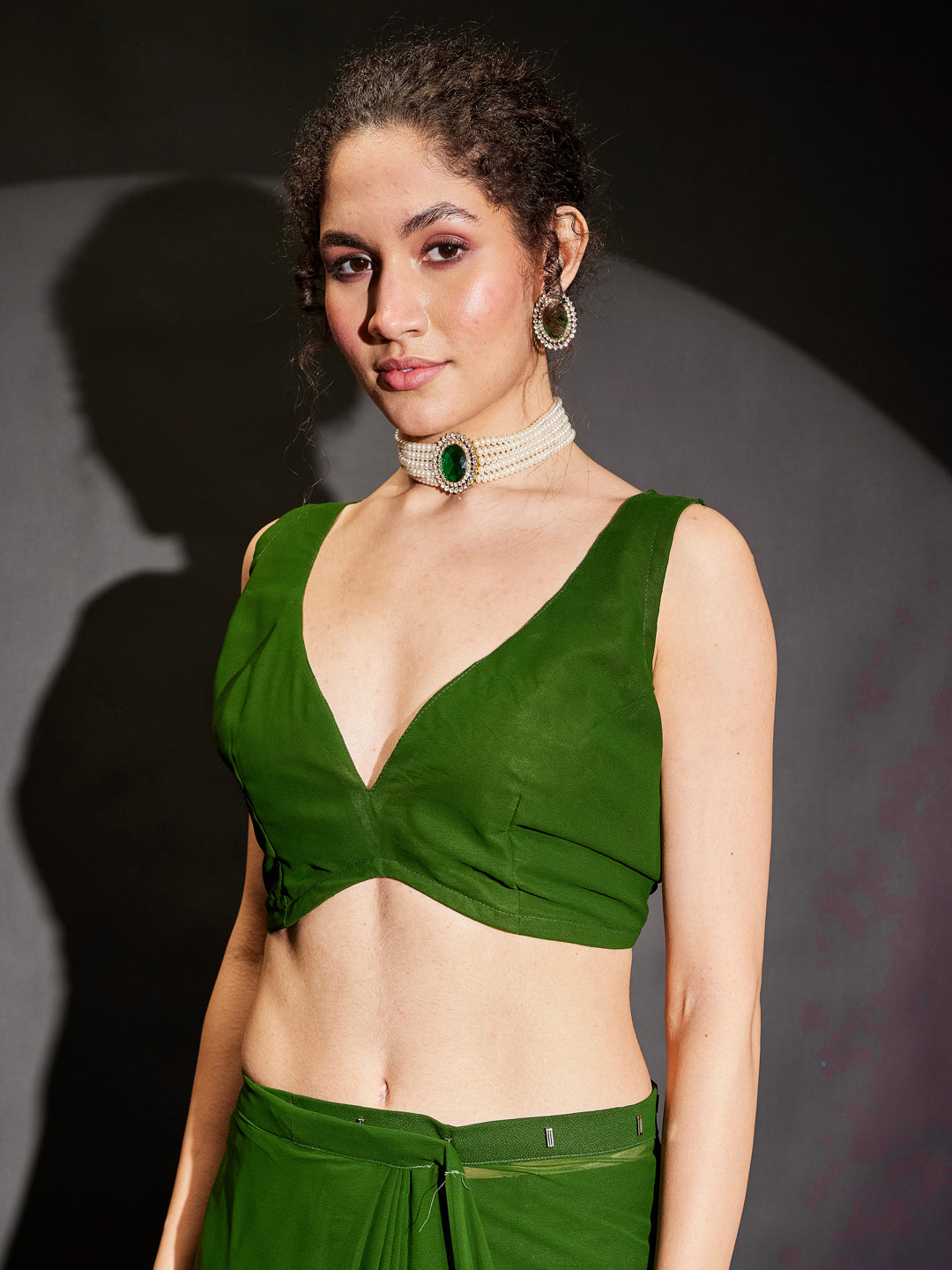 Ninnique Women's Dark Green Georgette Ready To Wear Embellished Saree with Unstitched Blouse