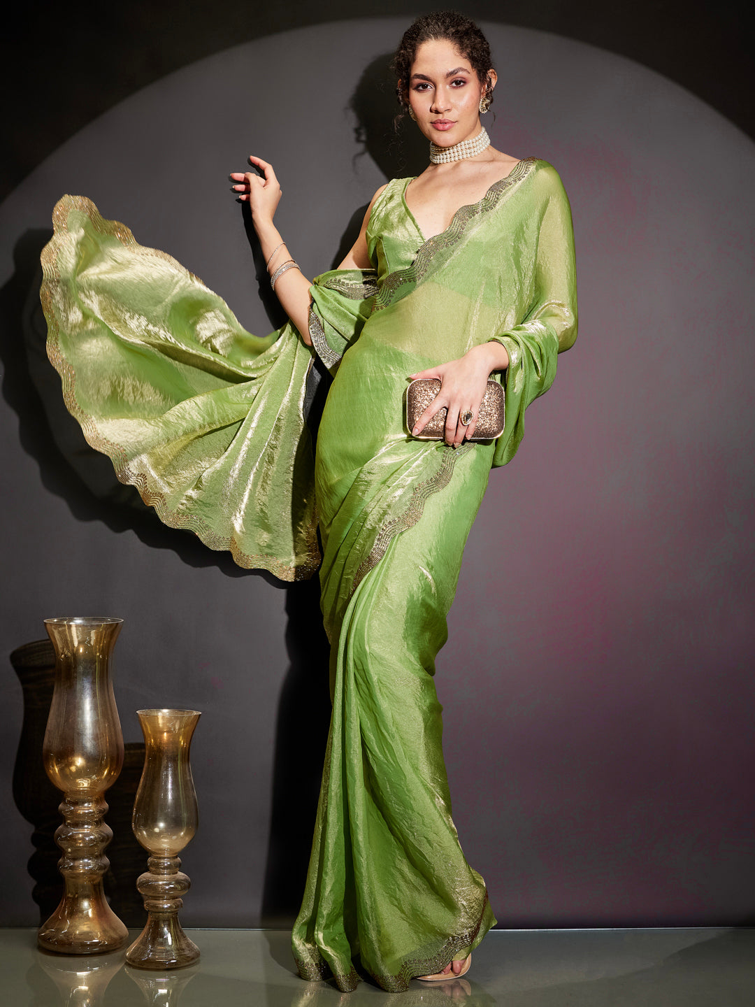 Ninnique Women's Green & Gold Tissue Silk Ready To Wear Embellished Saree with Unstitched Blouse