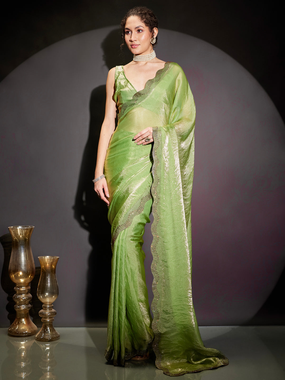 Ninnique Women's Green & Gold Tissue Silk Ready To Wear Embellished Saree with Unstitched Blouse
