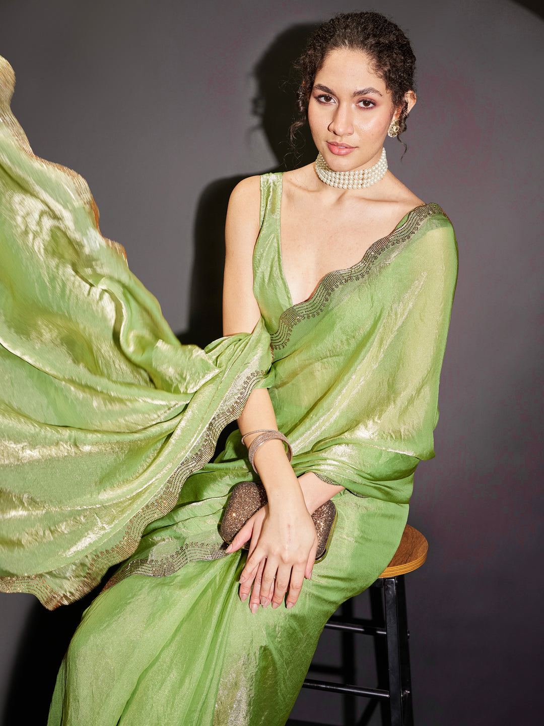 Ninnique Women's Green & Gold Tissue Silk Ready To Wear Embellished Saree with Unstitched Blouse