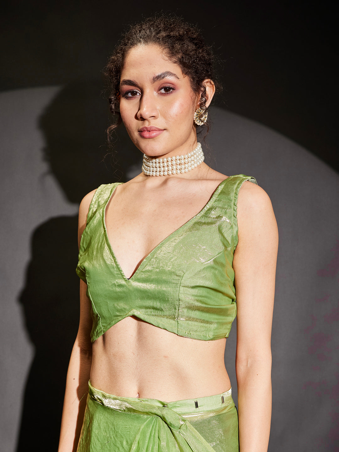 Ninnique Women's Green & Gold Tissue Silk Ready To Wear Embellished Saree with Unstitched Blouse