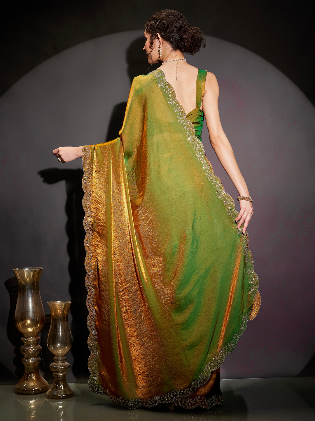Ninnique Women's Green & Gold Tissue Silk Ready To Wear Embellished Saree with Unstitched Blouse