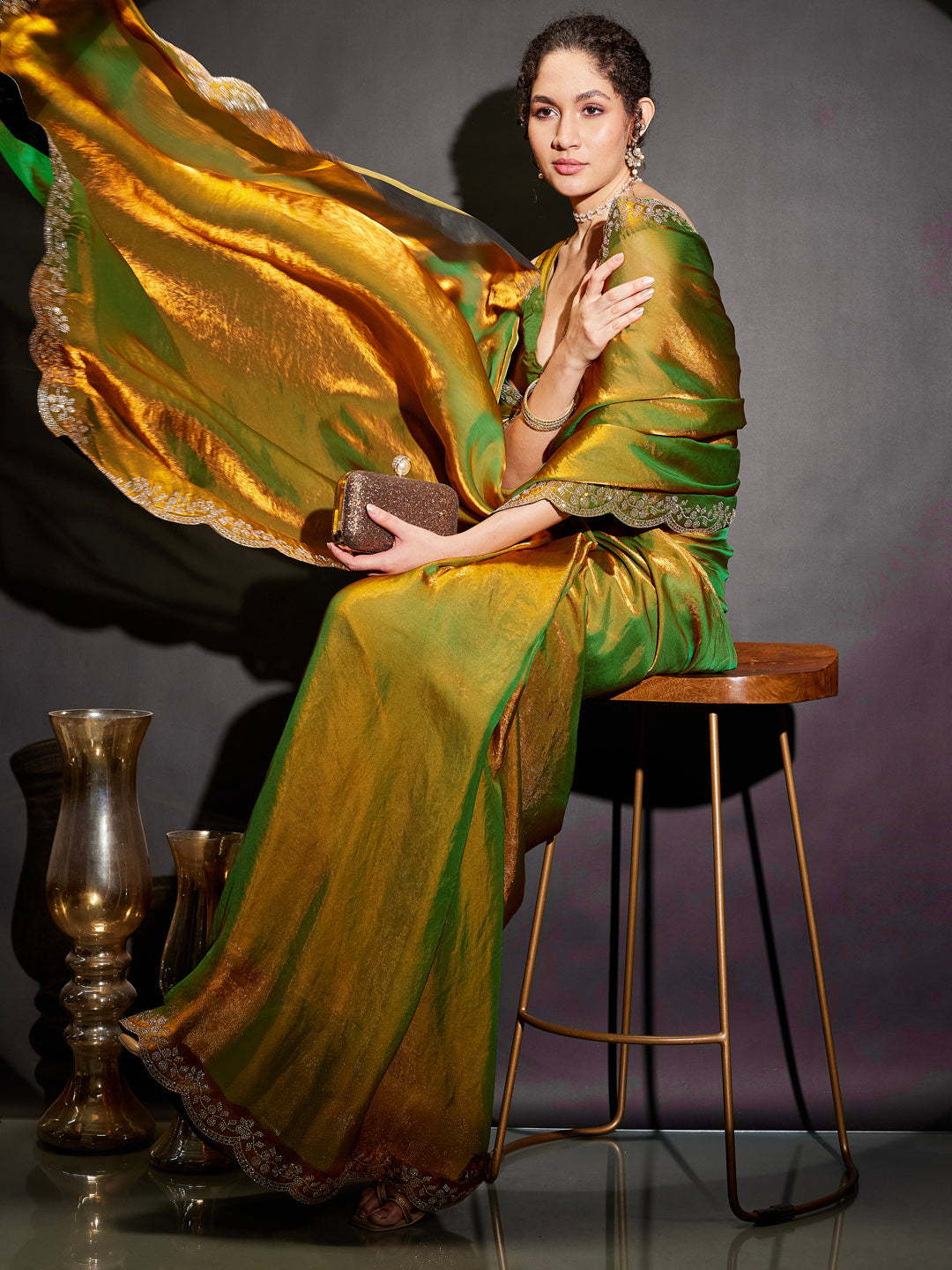Ninnique Women's Green & Gold Tissue Silk Ready To Wear Embellished Saree with Unstitched Blouse