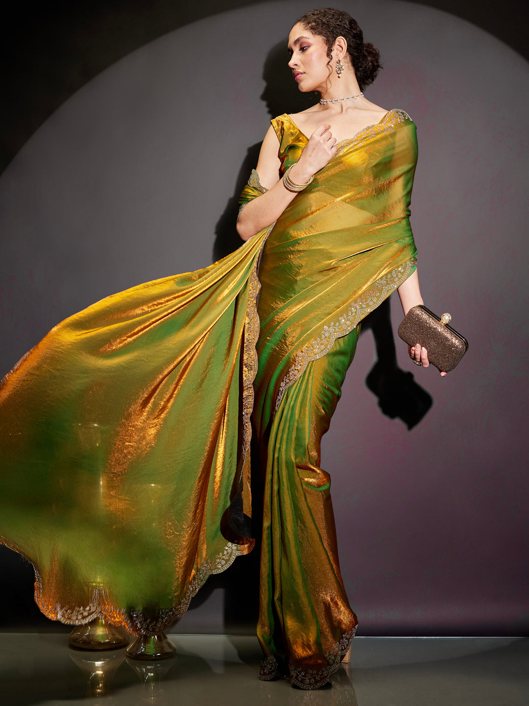 Ninnique Women's Green & Gold Tissue Silk Ready To Wear Embellished Saree with Unstitched Blouse