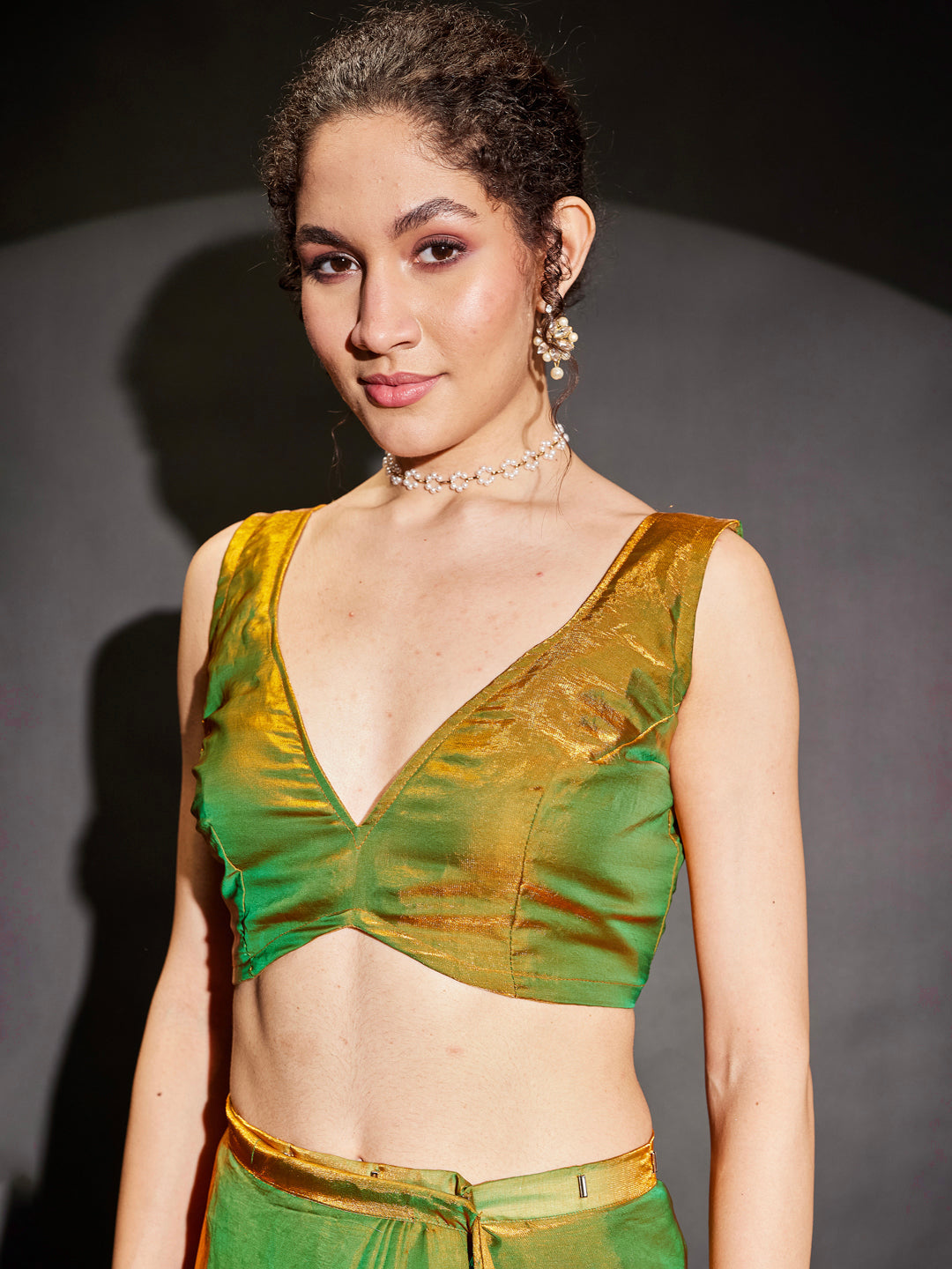 Ninnique Women's Green & Gold Tissue Silk Ready To Wear Embellished Saree with Unstitched Blouse