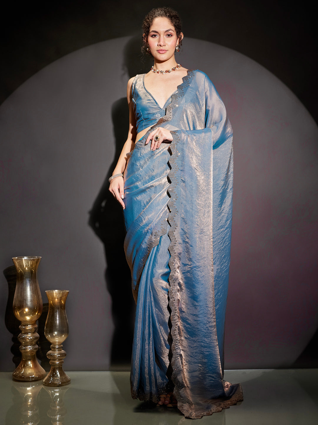 Ninnique Women's Blue & Cooper Tissue Silk Ready To Wear Embellished Saree with Unstitched Blouse