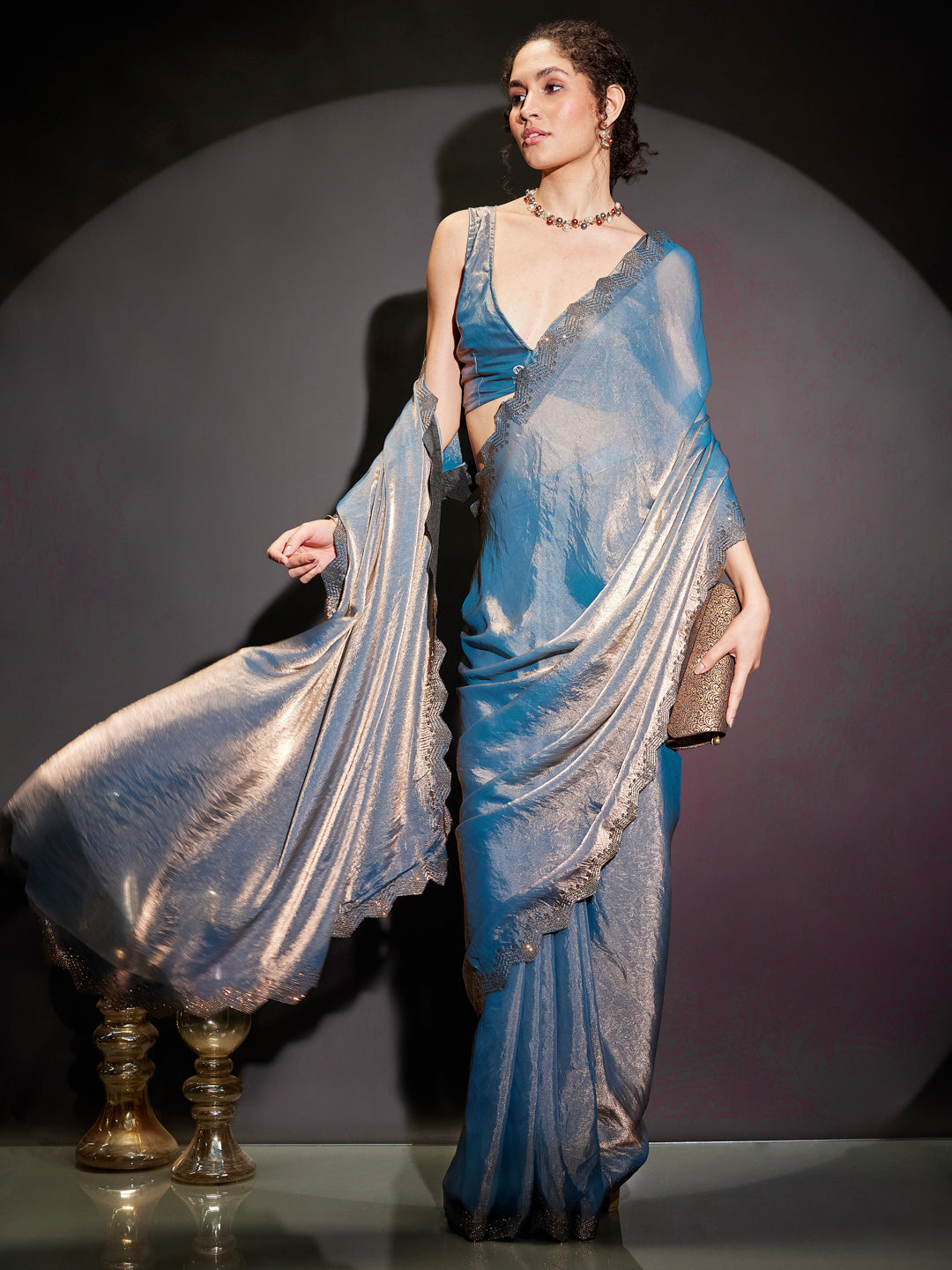 Ninnique Women's Blue & Cooper Tissue Silk Ready To Wear Embellished Saree with Unstitched Blouse