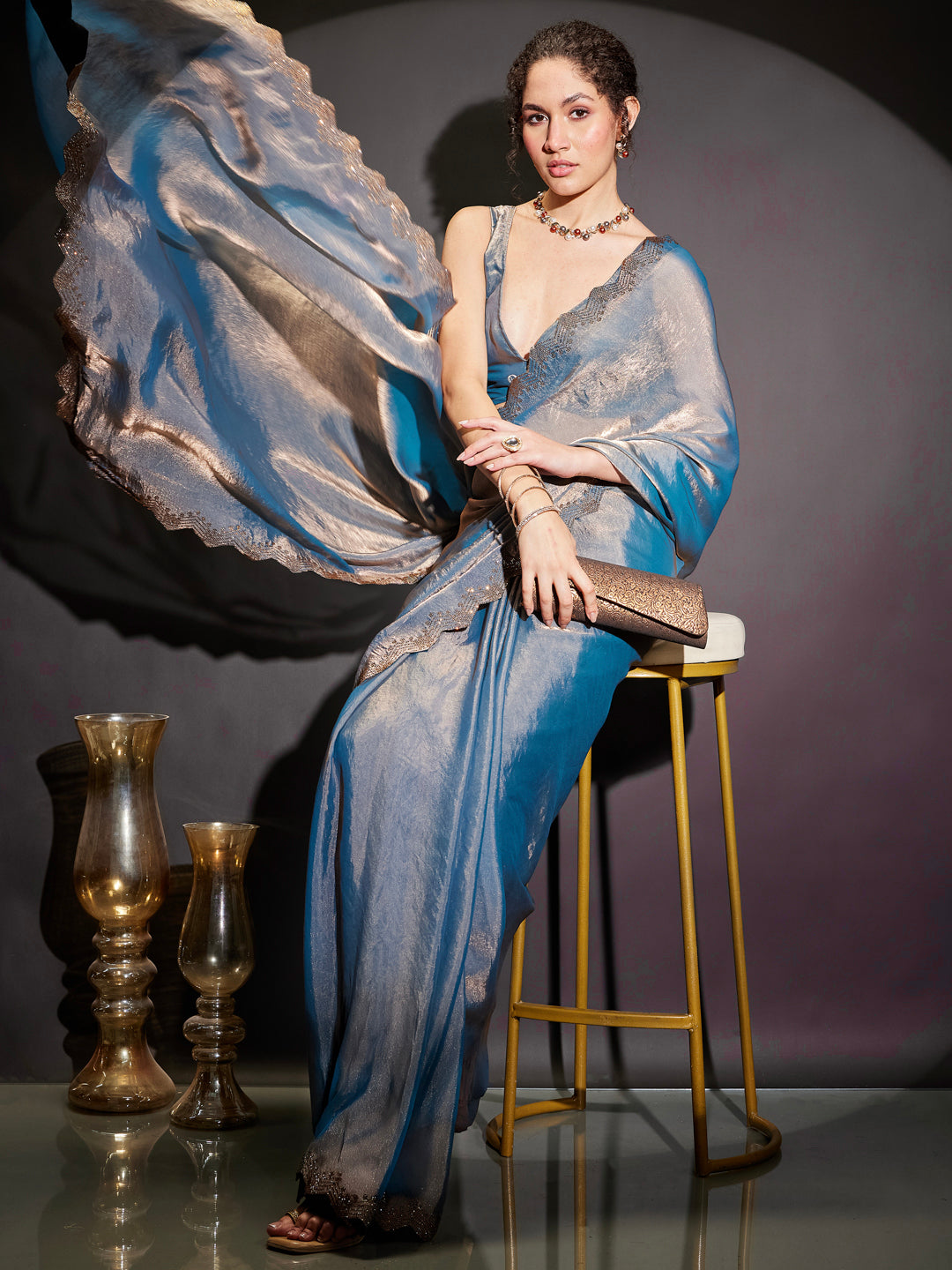 Ninnique Women's Blue & Cooper Tissue Silk Ready To Wear Embellished Saree with Unstitched Blouse