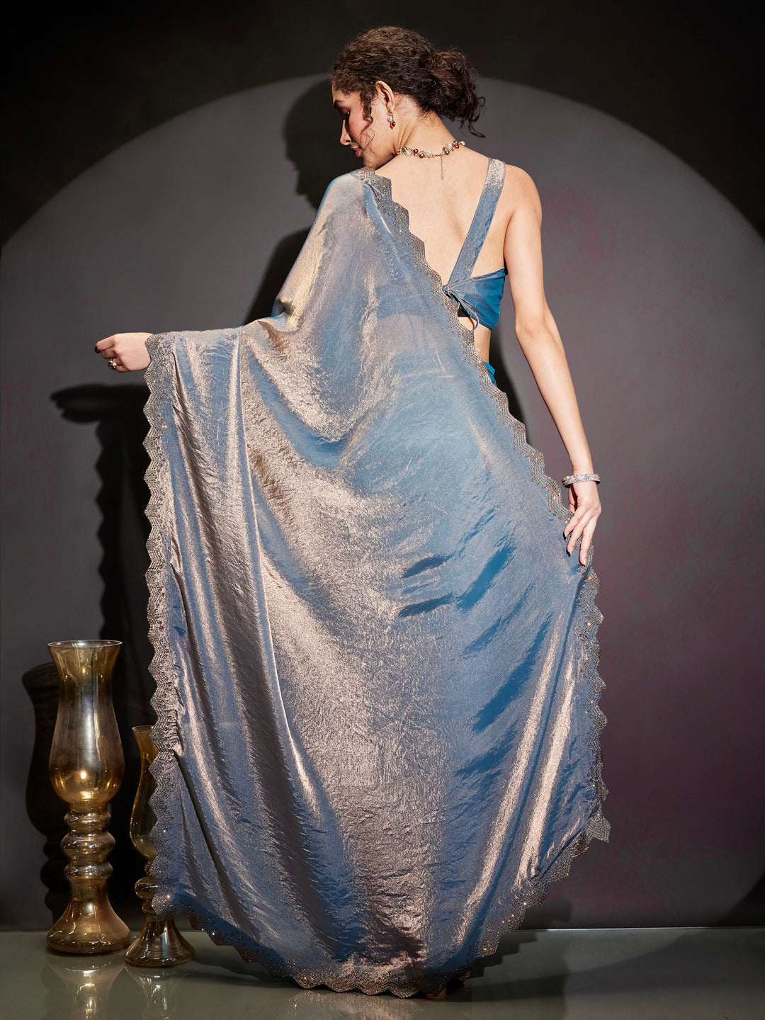 Ninnique Women's Blue & Cooper Tissue Silk Ready To Wear Embellished Saree with Unstitched Blouse
