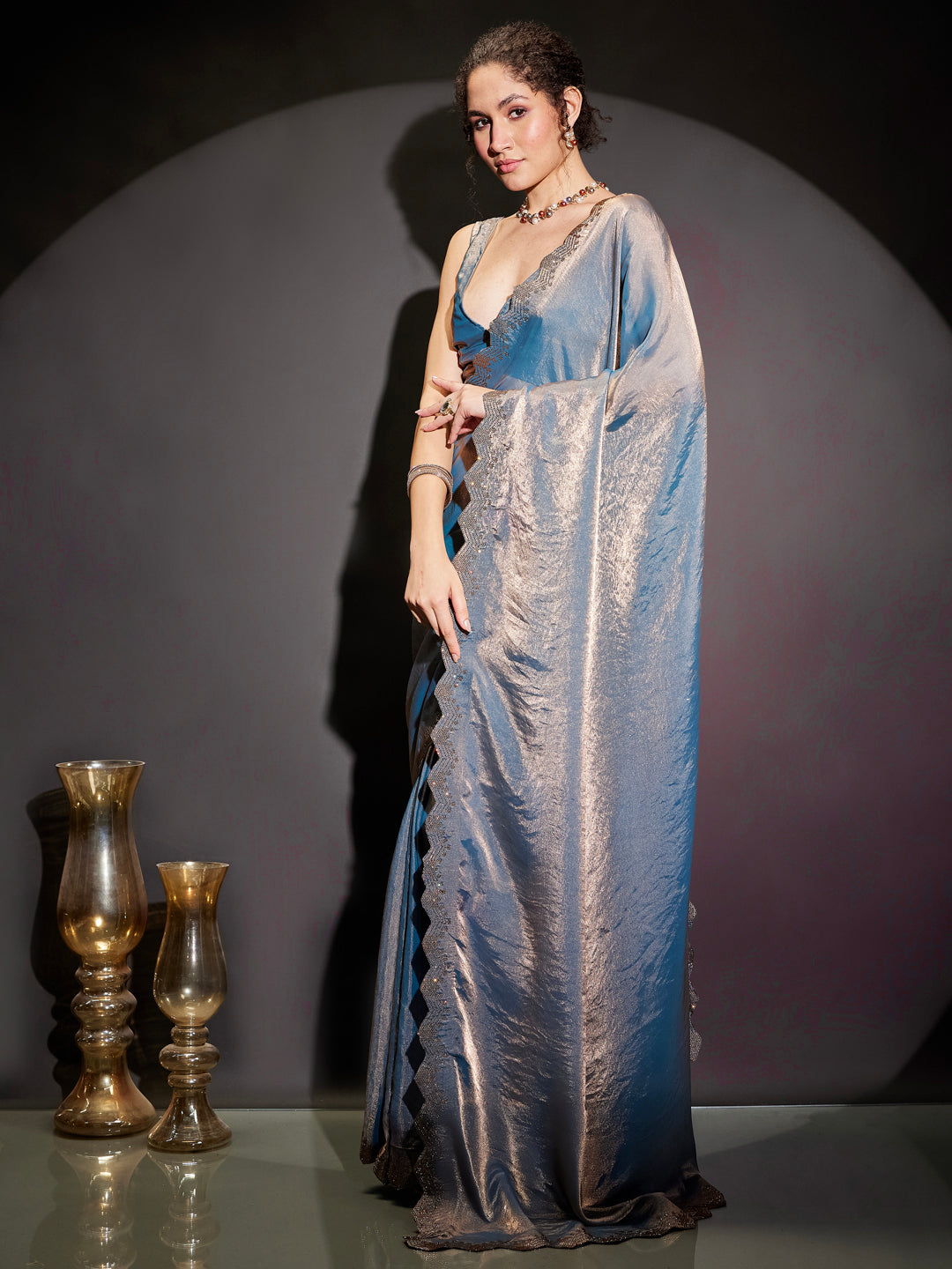 Ninnique Women's Blue & Cooper Tissue Silk Ready To Wear Embellished Saree with Unstitched Blouse