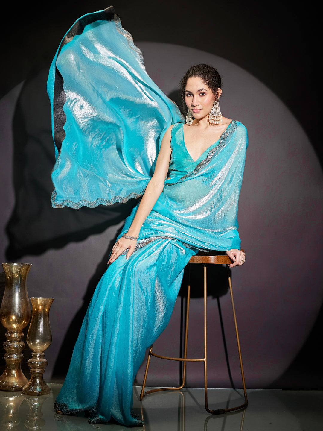 Ninnique Women's Light Blue Tissue Silk Ready To Wear Embellished Saree with Unstitched Blouse