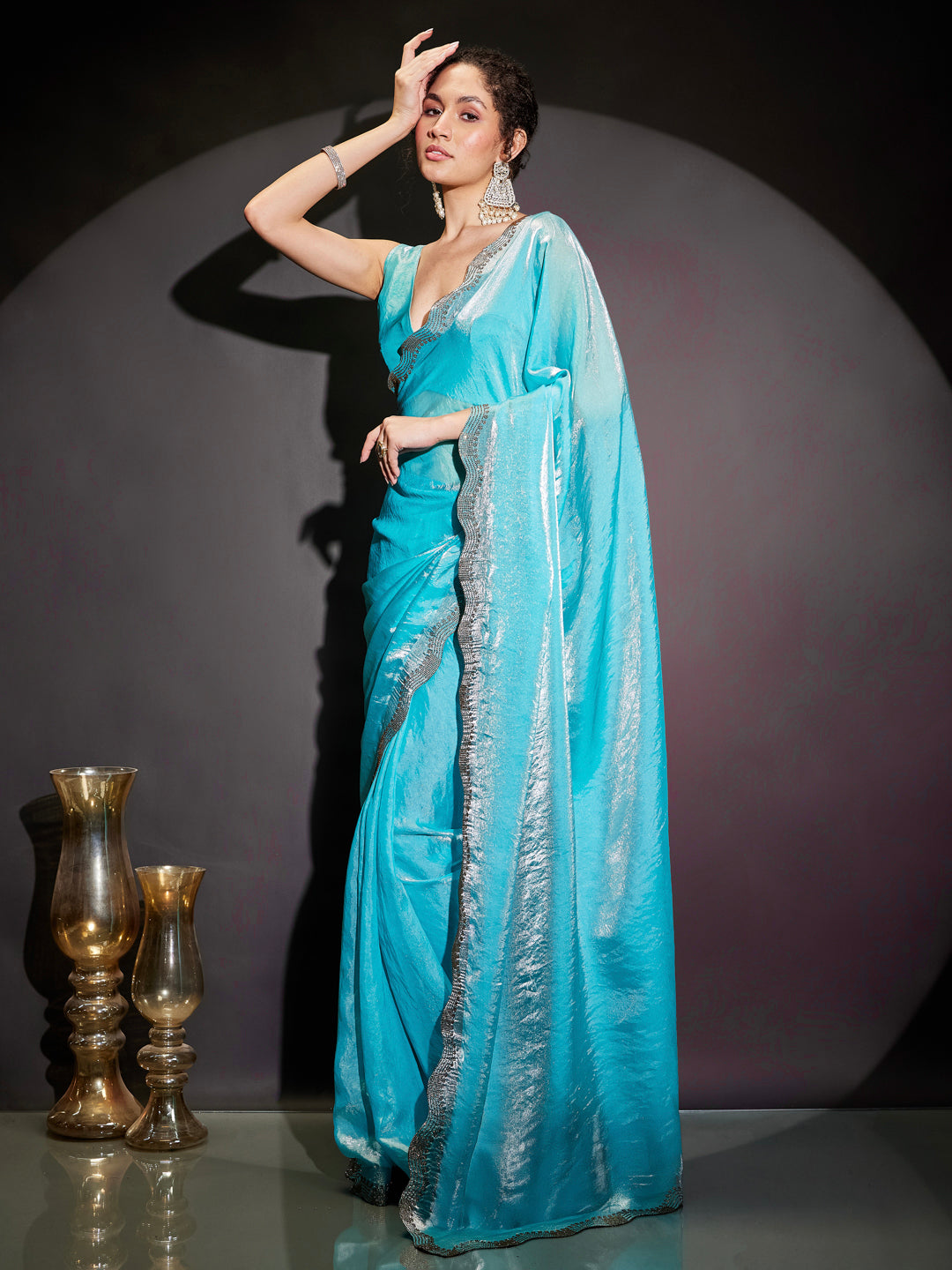 Ninnique Women's Light Blue Tissue Silk Ready To Wear Embellished Saree with Unstitched Blouse
