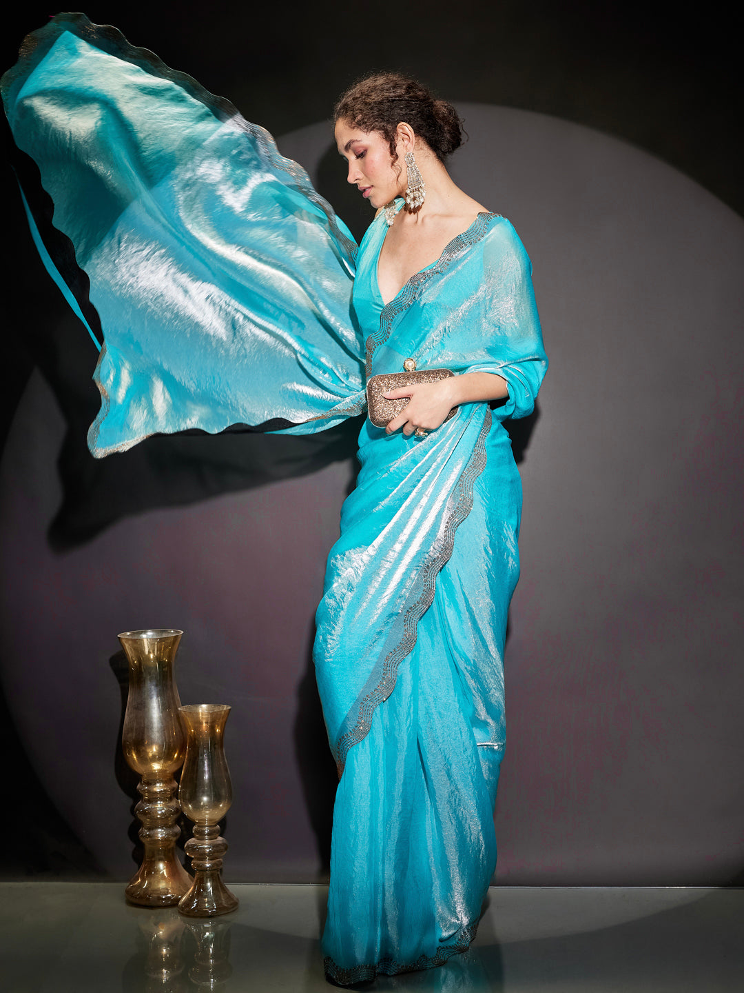 Ninnique Women's Light Blue Tissue Silk Ready To Wear Embellished Saree with Unstitched Blouse