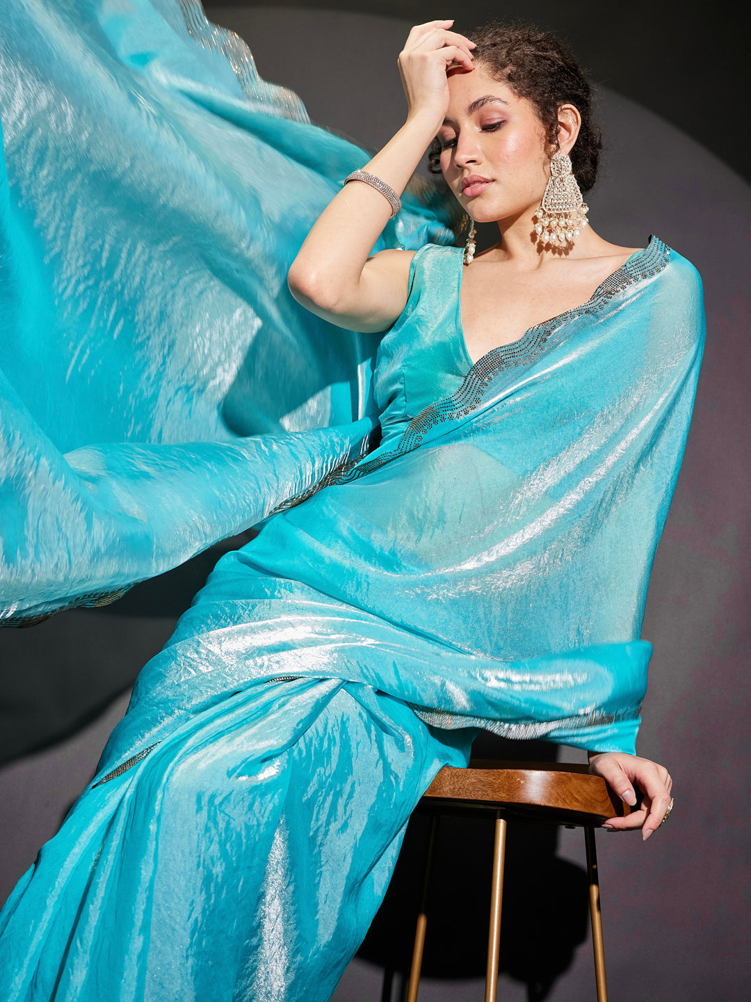 Ninnique Women's Light Blue Tissue Silk Ready To Wear Embellished Saree with Unstitched Blouse