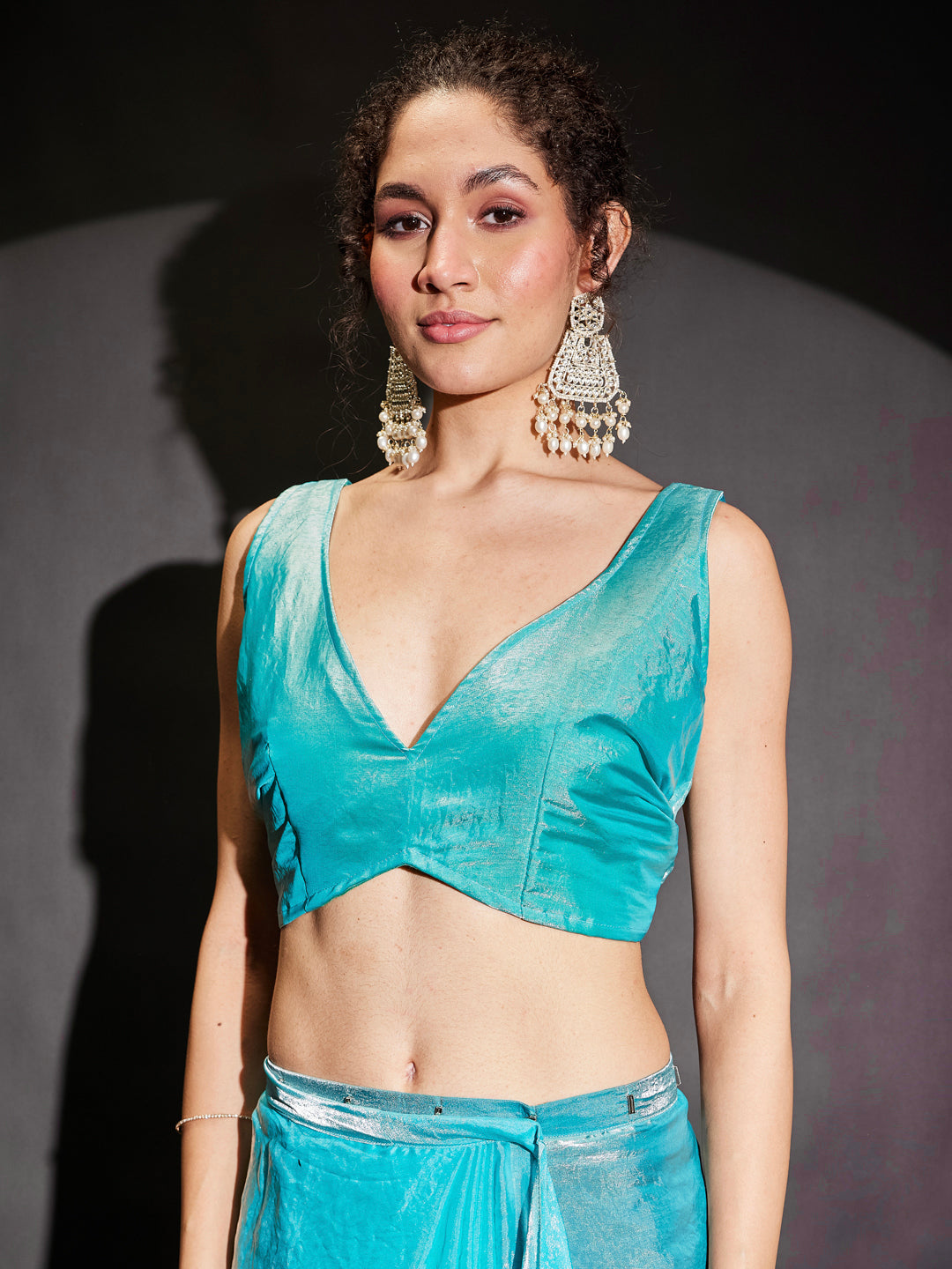 Ninnique Women's Light Blue Tissue Silk Ready To Wear Embellished Saree with Unstitched Blouse