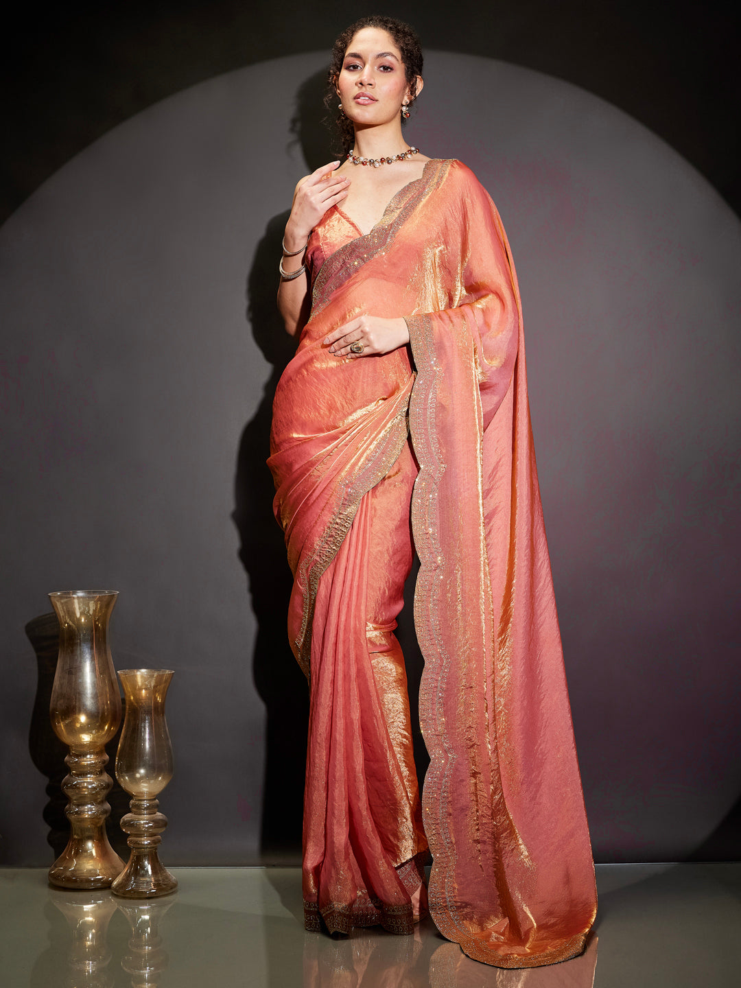 Ninnique Women's Peach Tissue Silk Ready To Wear Embellished Saree with Unstitched Blouse