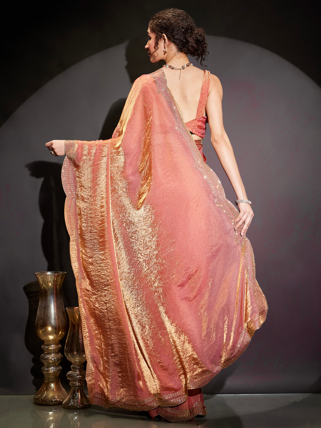 Ninnique Women's Peach Tissue Silk Ready To Wear Embellished Saree with Unstitched Blouse
