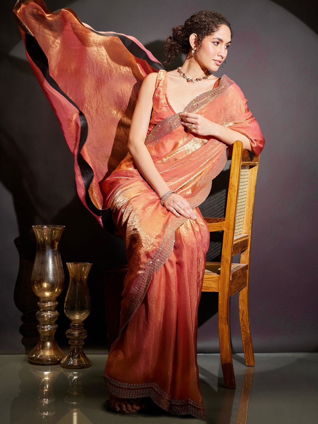 Ninnique Women's Peach Tissue Silk Ready To Wear Embellished Saree with Unstitched Blouse