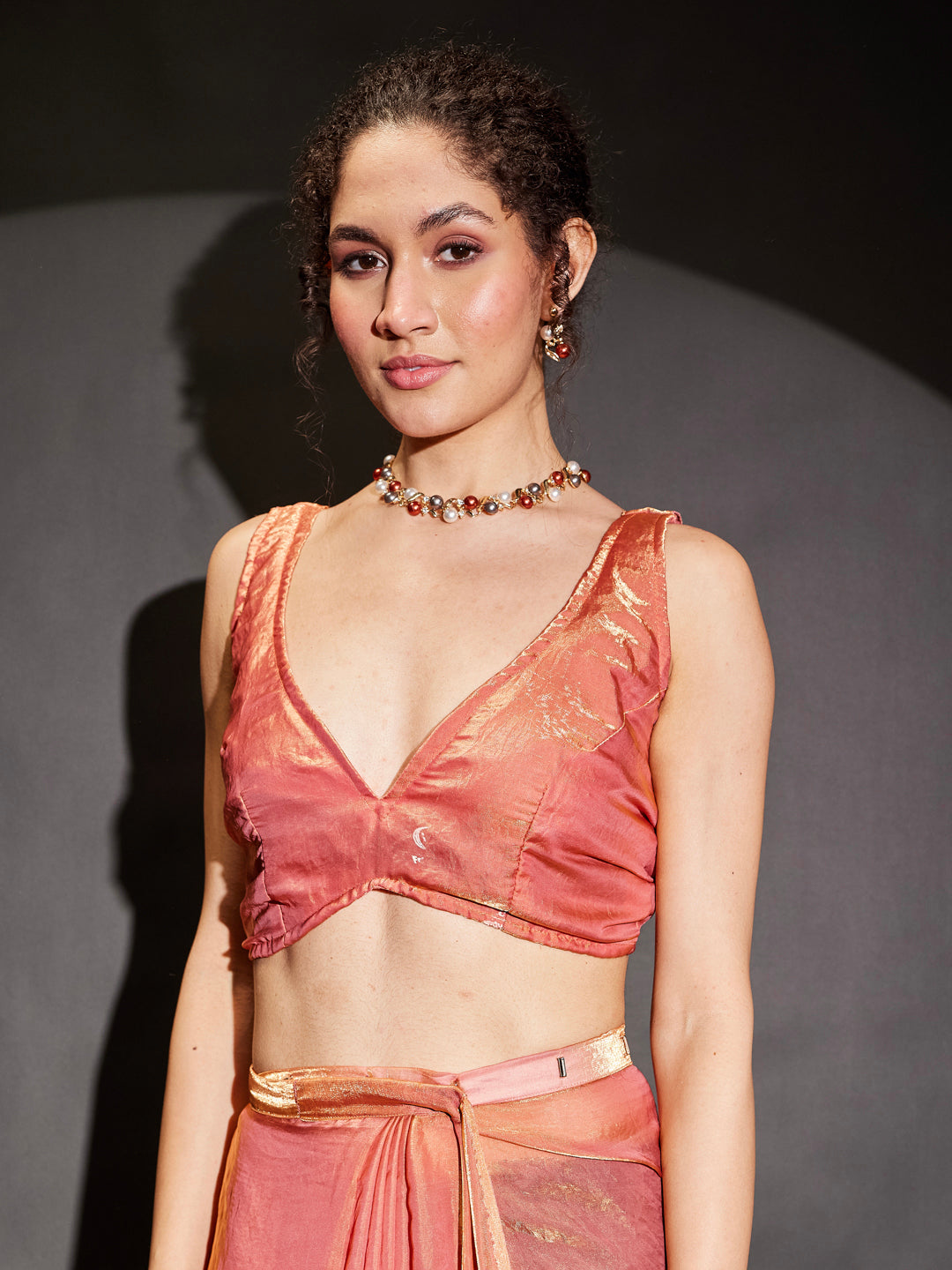 Ninnique Women's Peach Tissue Silk Ready To Wear Embellished Saree with Unstitched Blouse