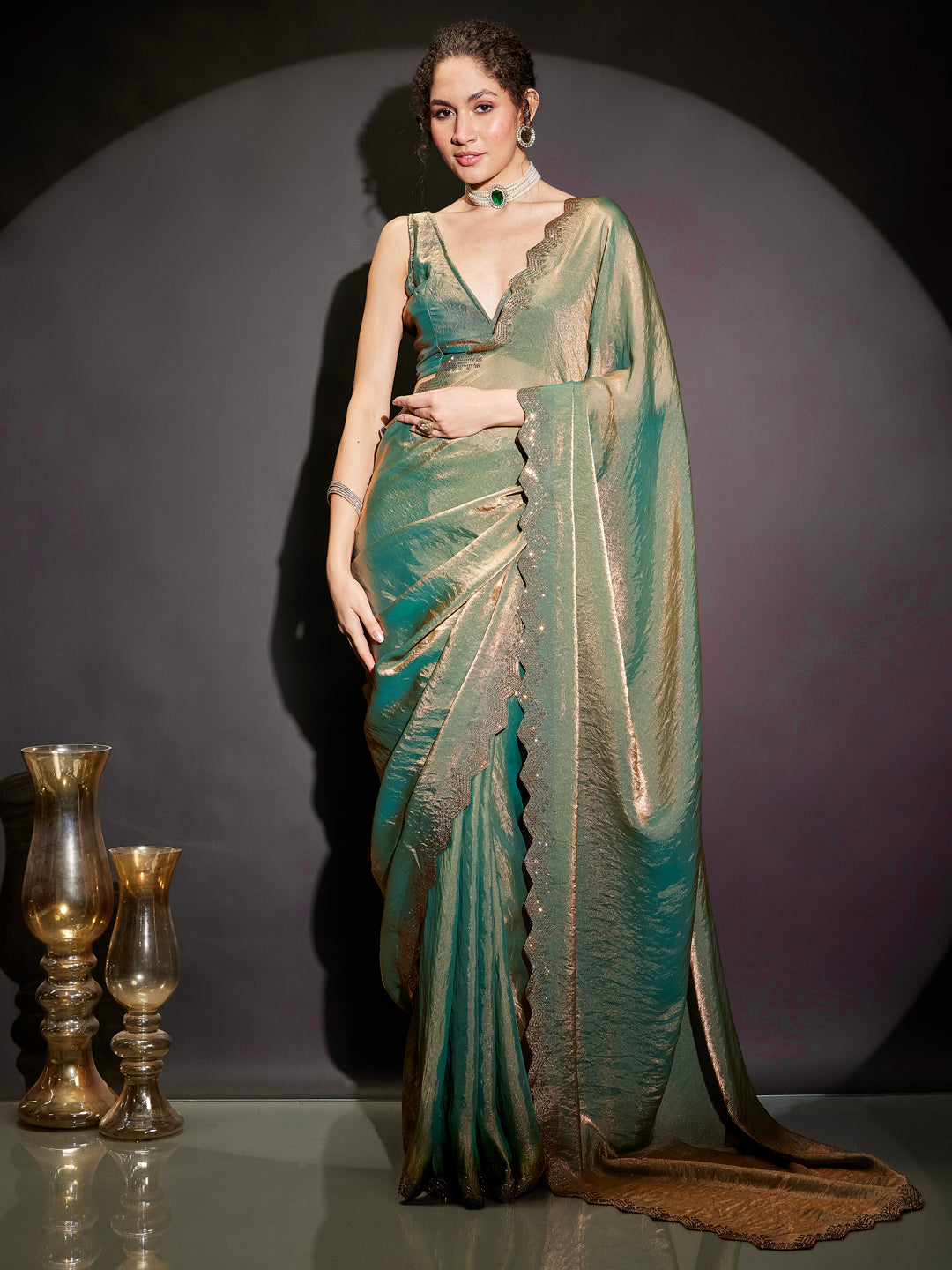 Ninnique Women's Green & Gold Tissue Silk Ready To Wear Embellished Saree with Unstitched Blouse