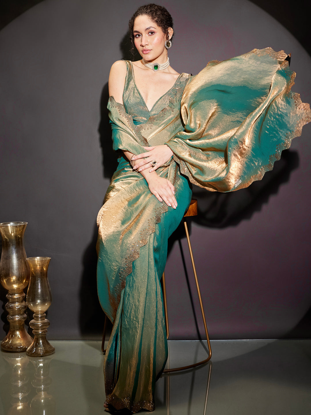 Ninnique Women's Green & Gold Tissue Silk Ready To Wear Embellished Saree with Unstitched Blouse