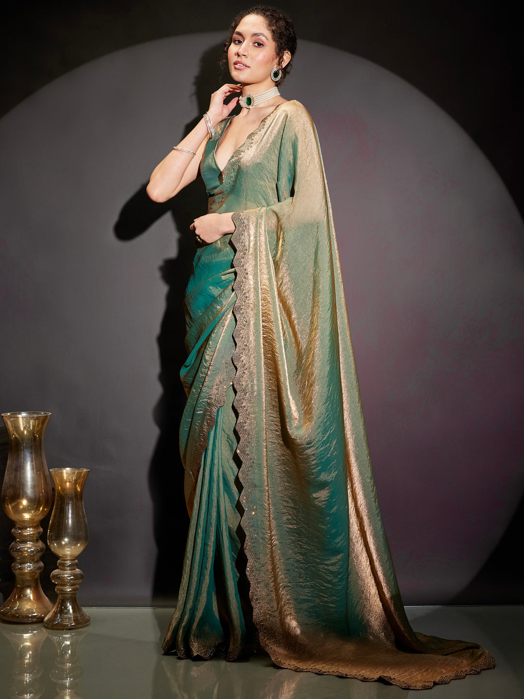 Ninnique Women's Green & Gold Tissue Silk Ready To Wear Embellished Saree with Unstitched Blouse