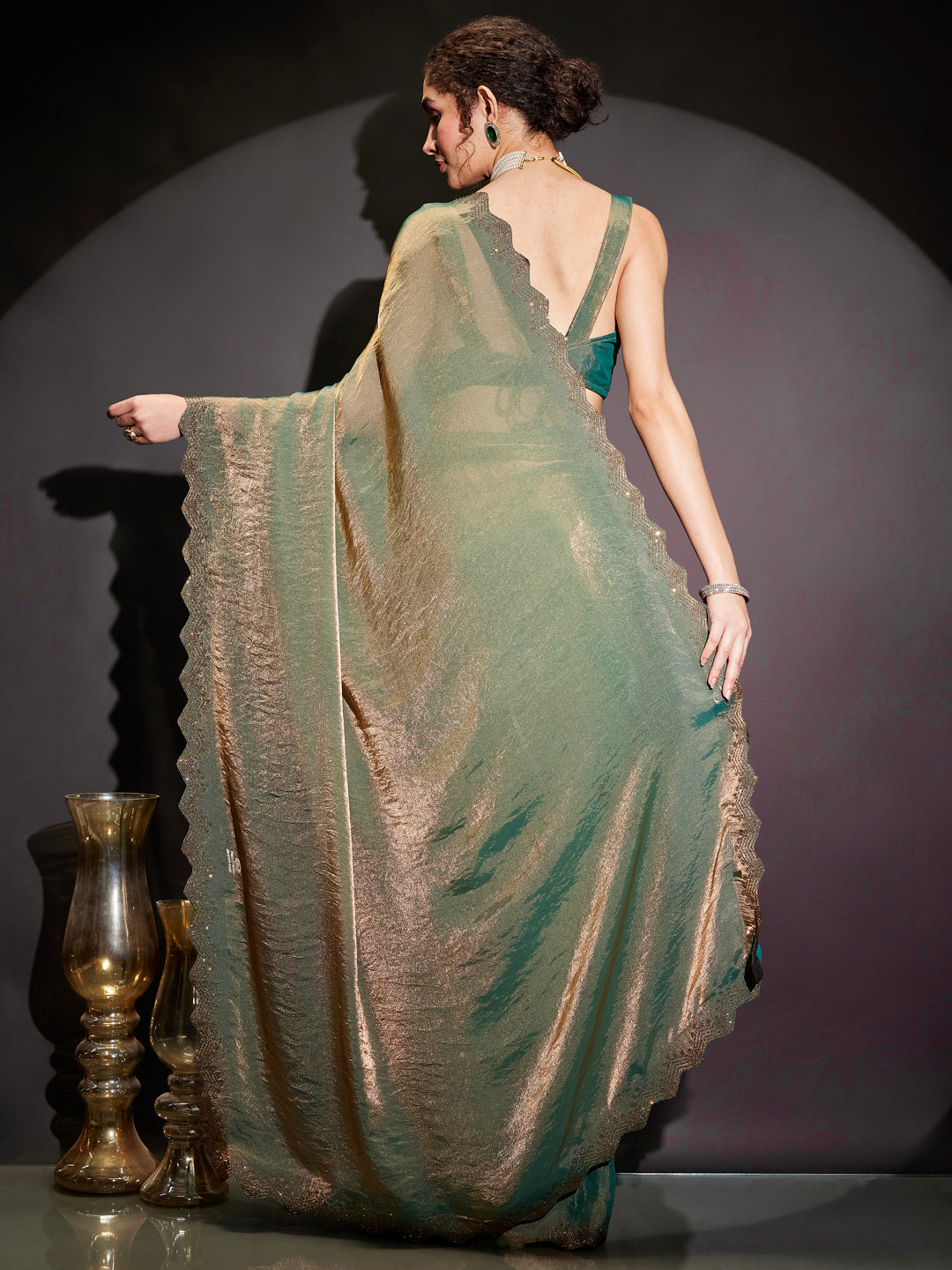 Ninnique Women's Green & Gold Tissue Silk Ready To Wear Embellished Saree with Unstitched Blouse