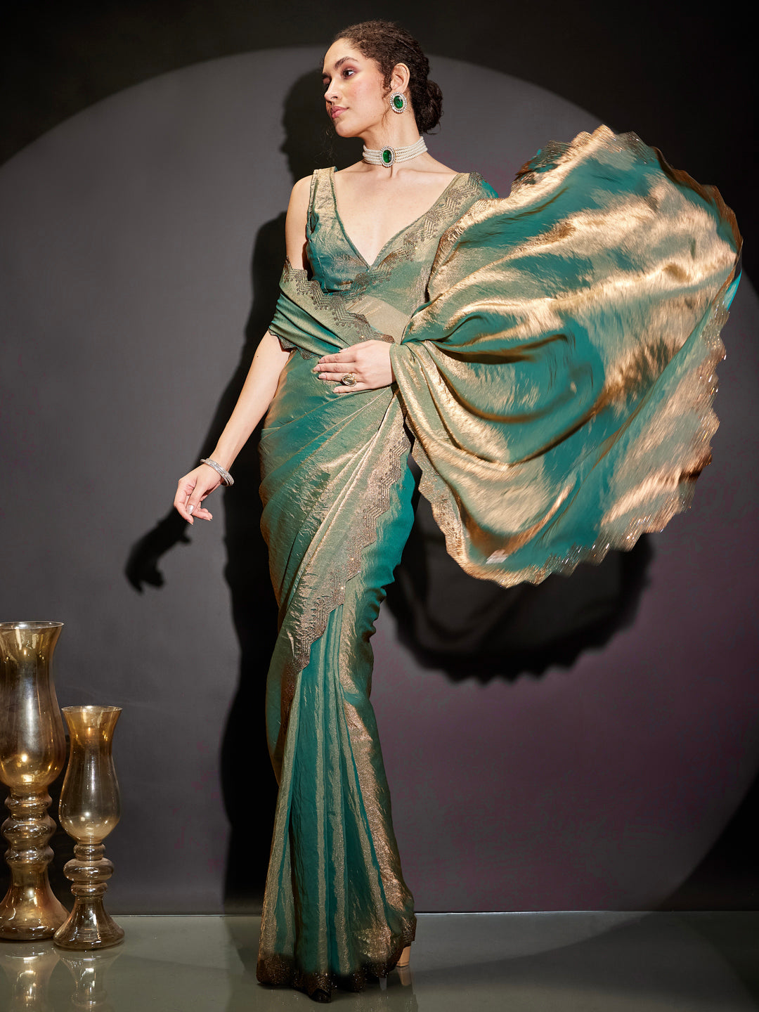 Ninnique Women's Green & Gold Tissue Silk Ready To Wear Embellished Saree with Unstitched Blouse