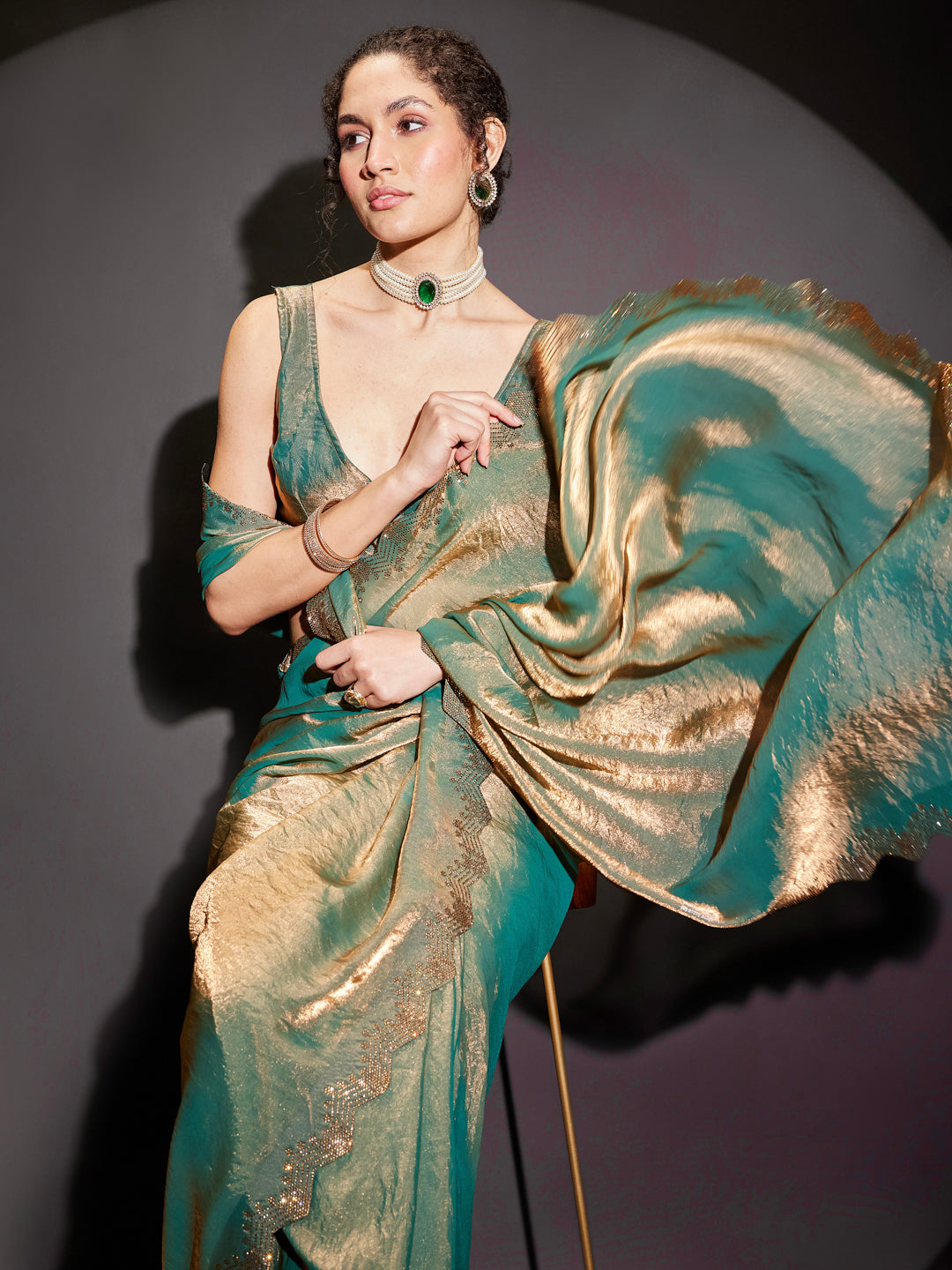 Ninnique Women's Green & Gold Tissue Silk Ready To Wear Embellished Saree with Unstitched Blouse